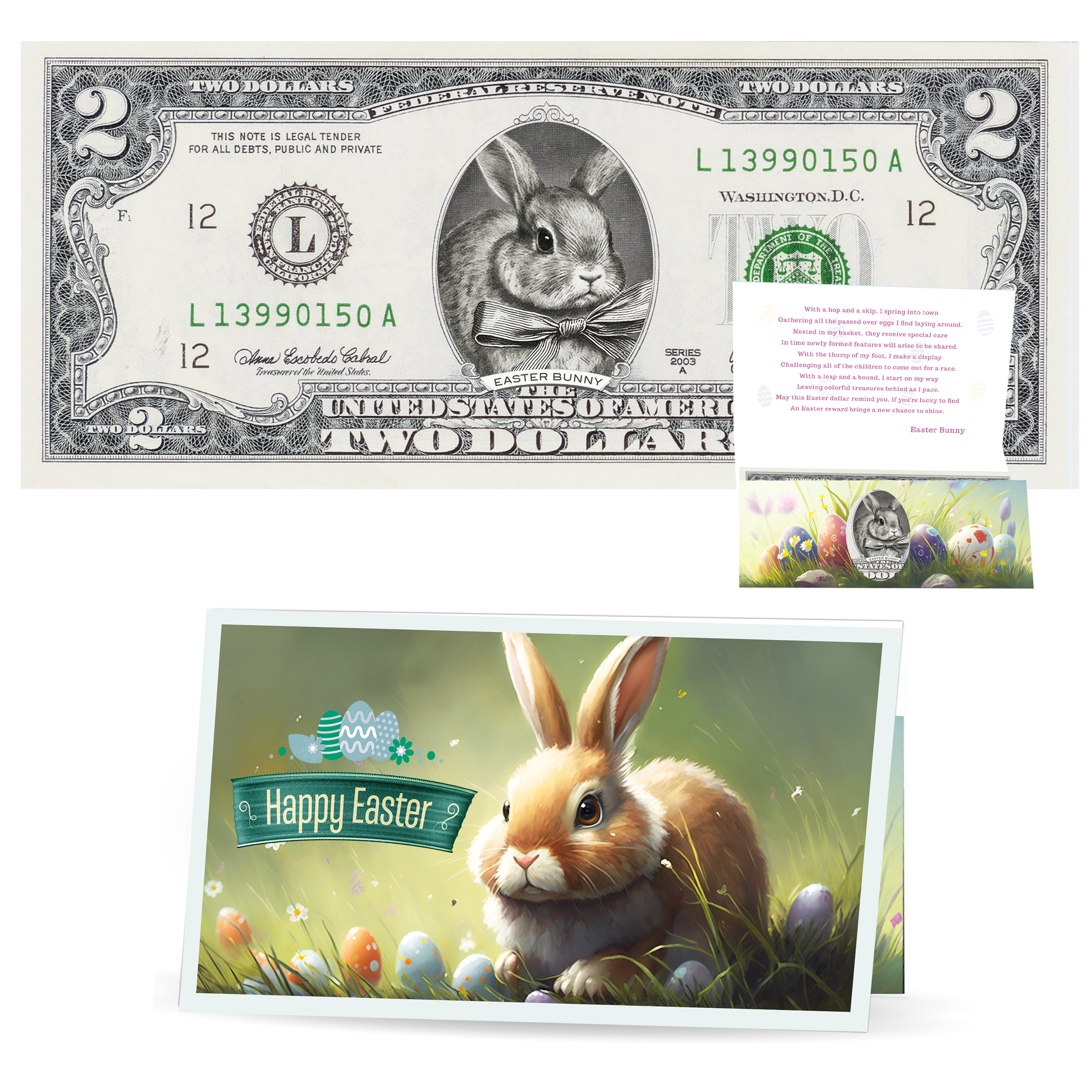 The Official Easter Bunny Dollar Bill. Real 2.0 USD. Each Bill Comes with an Easter Card and Currency Holder. Easter Basket Stuffer/Filler. Bunny Bucks - Bunny Money