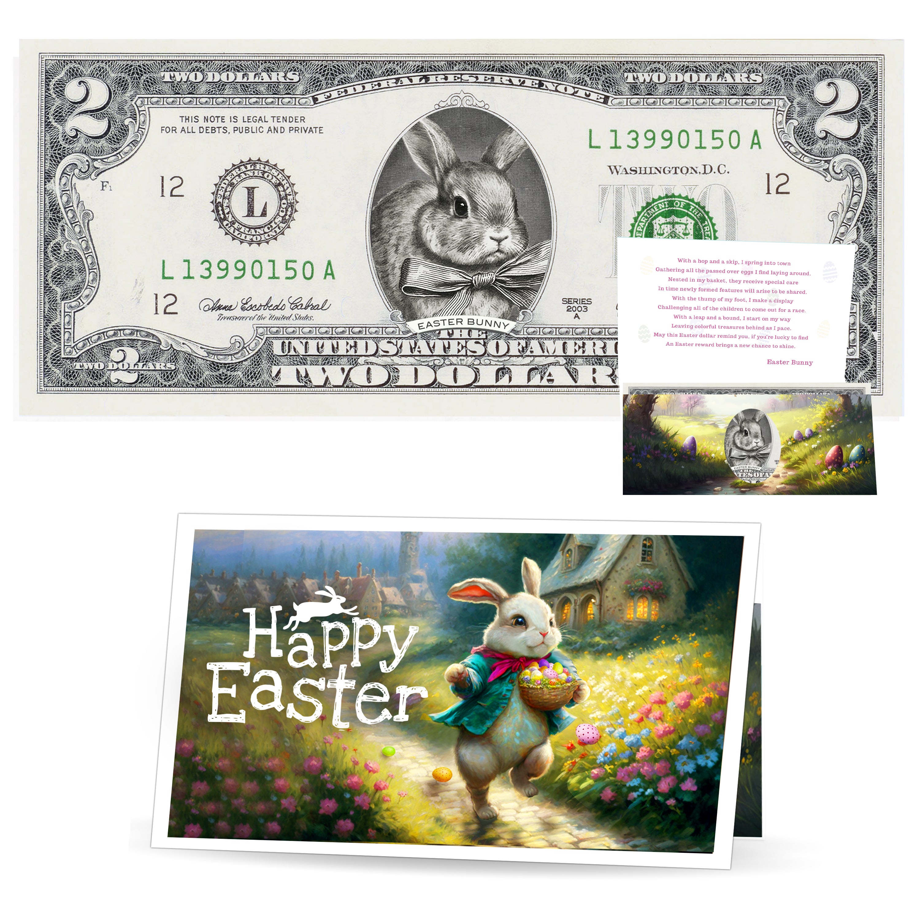 The Official Easter Bunny Dollar Bill. Real 2.0 USD. Each Bill Comes with an Easter Card and Currency Holder. Easter Basket Stuffer/Filler. Bunny Bucks - Bunny Money