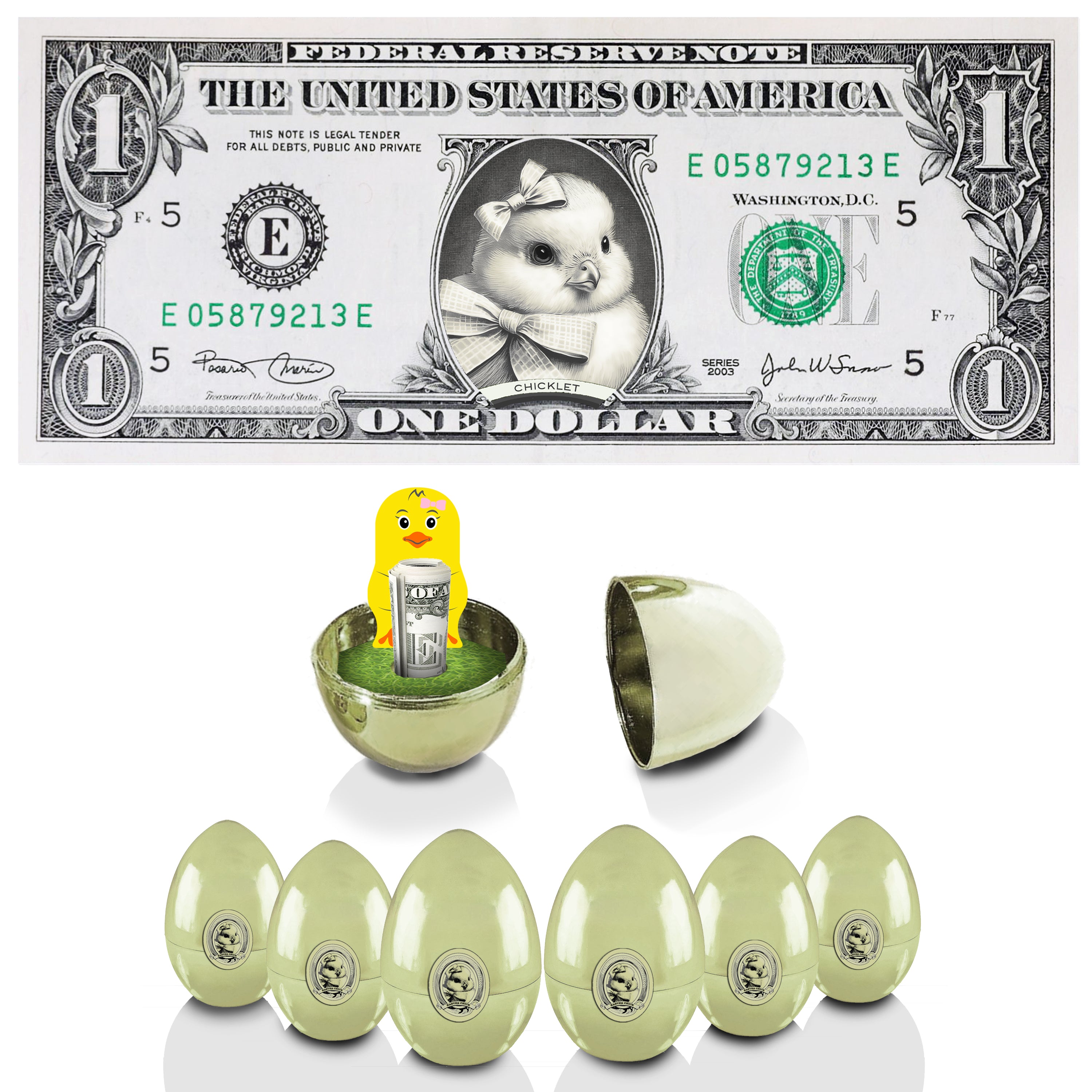 The Official Easter Chick Dollar Bill with Golden Egg Value 6-Pack. Real 1.0 USD. Bankable & Spendable. Easter Basket Stuffer/Filler.