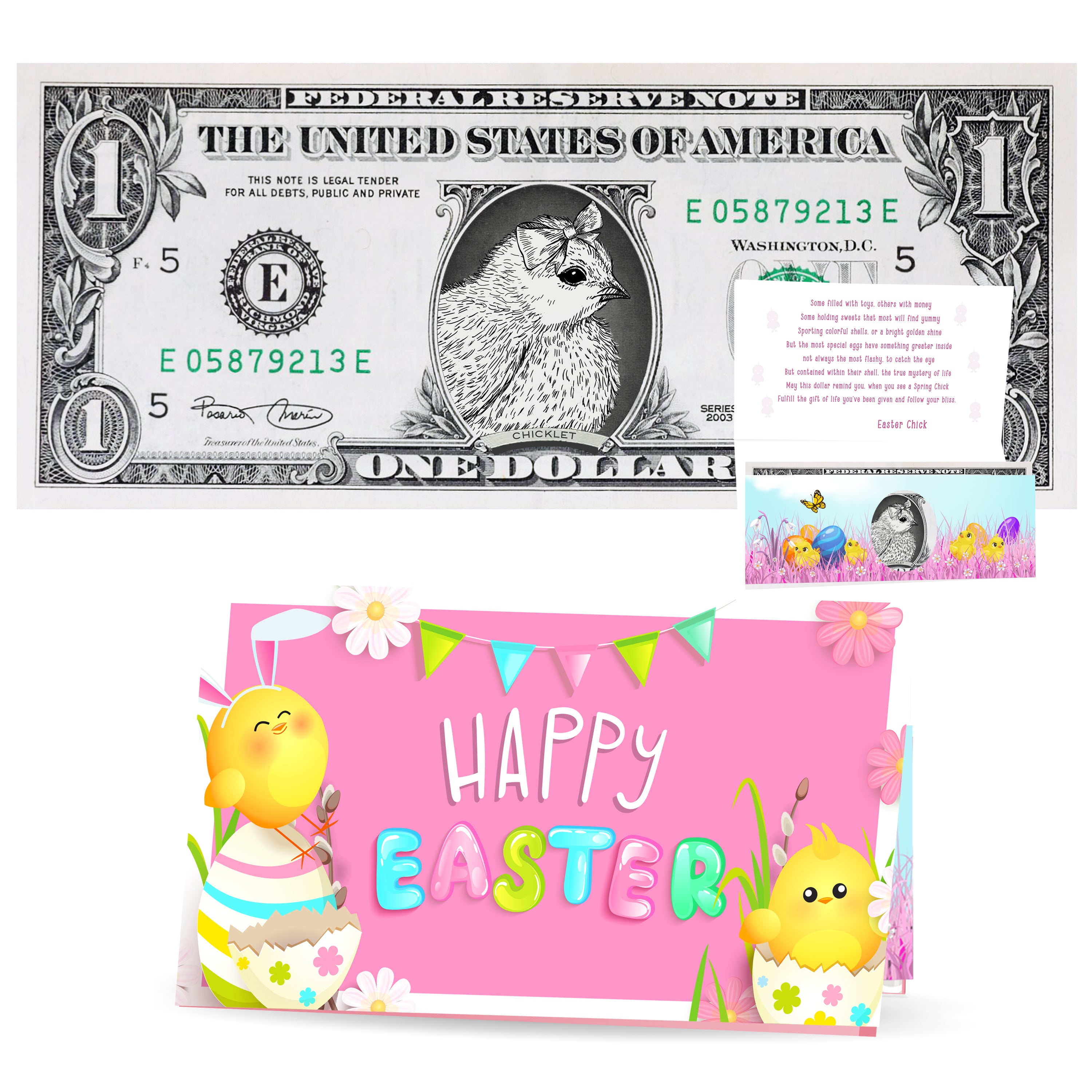 The Official Easter Chick Dollar Bill. Real 1.0 USD. Each Bill Comes with an Easter Card and Currency Holder. Easter Basket Stuffer/Filler
