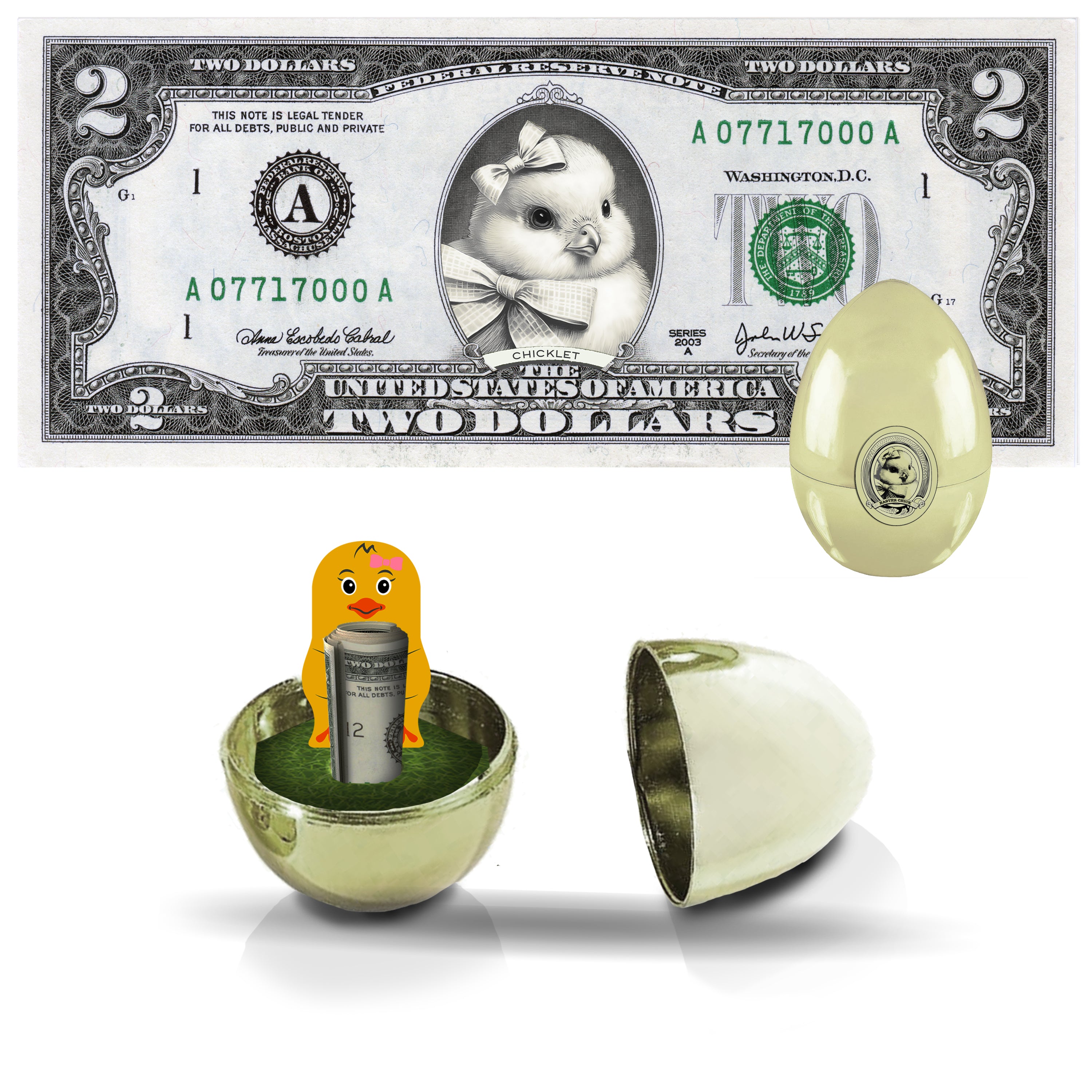 The Official Easter Chick Dollar Bill with Golden Egg. Real 2.0 USD. Bankable & Spendable. Easter Basket Stuffer/Filler.