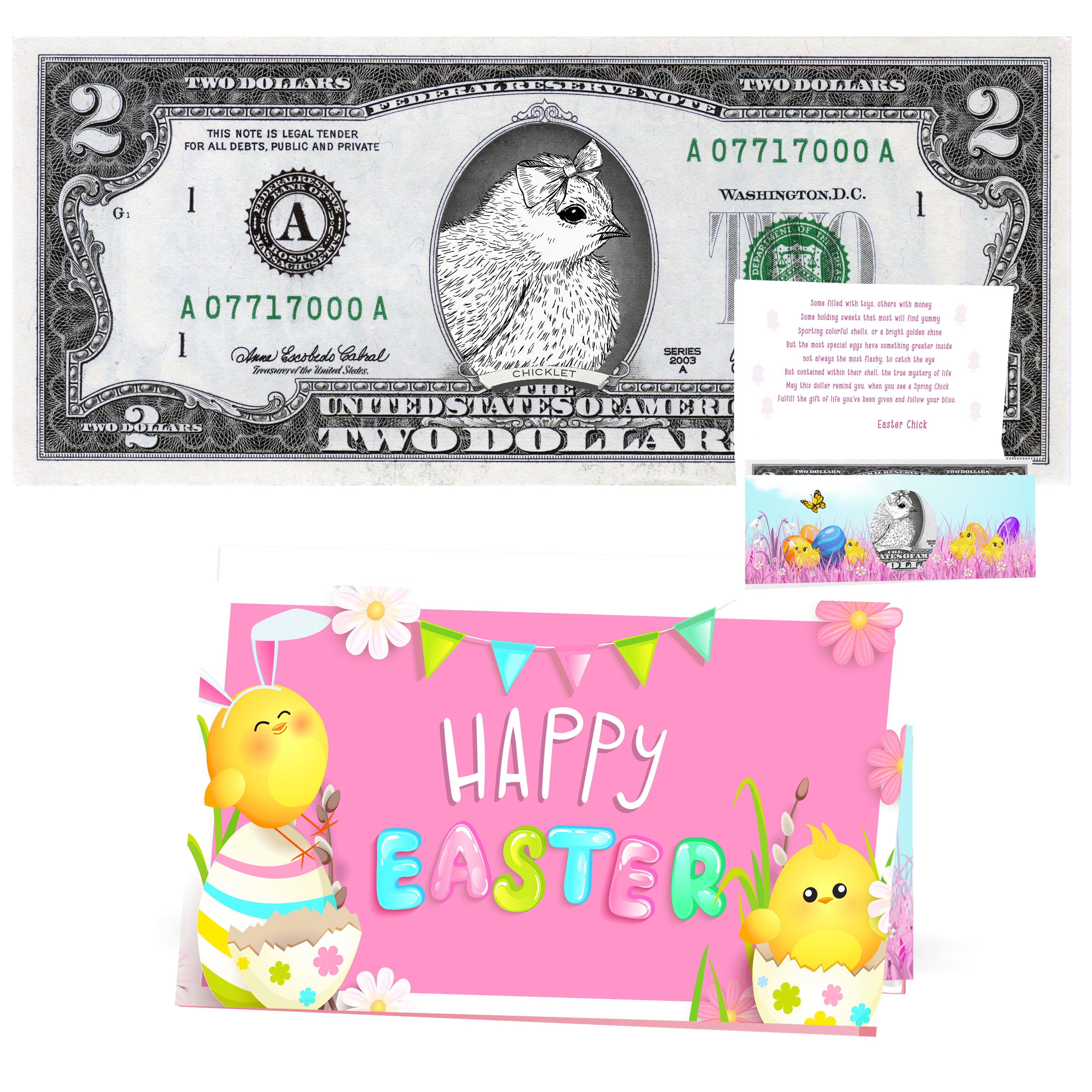 The Official Easter Chick Dollar Bill. Real 2.0 USD. Each Bill Comes with an Easter Card and Currency Holder. Easter Basket Stuffer/Filler