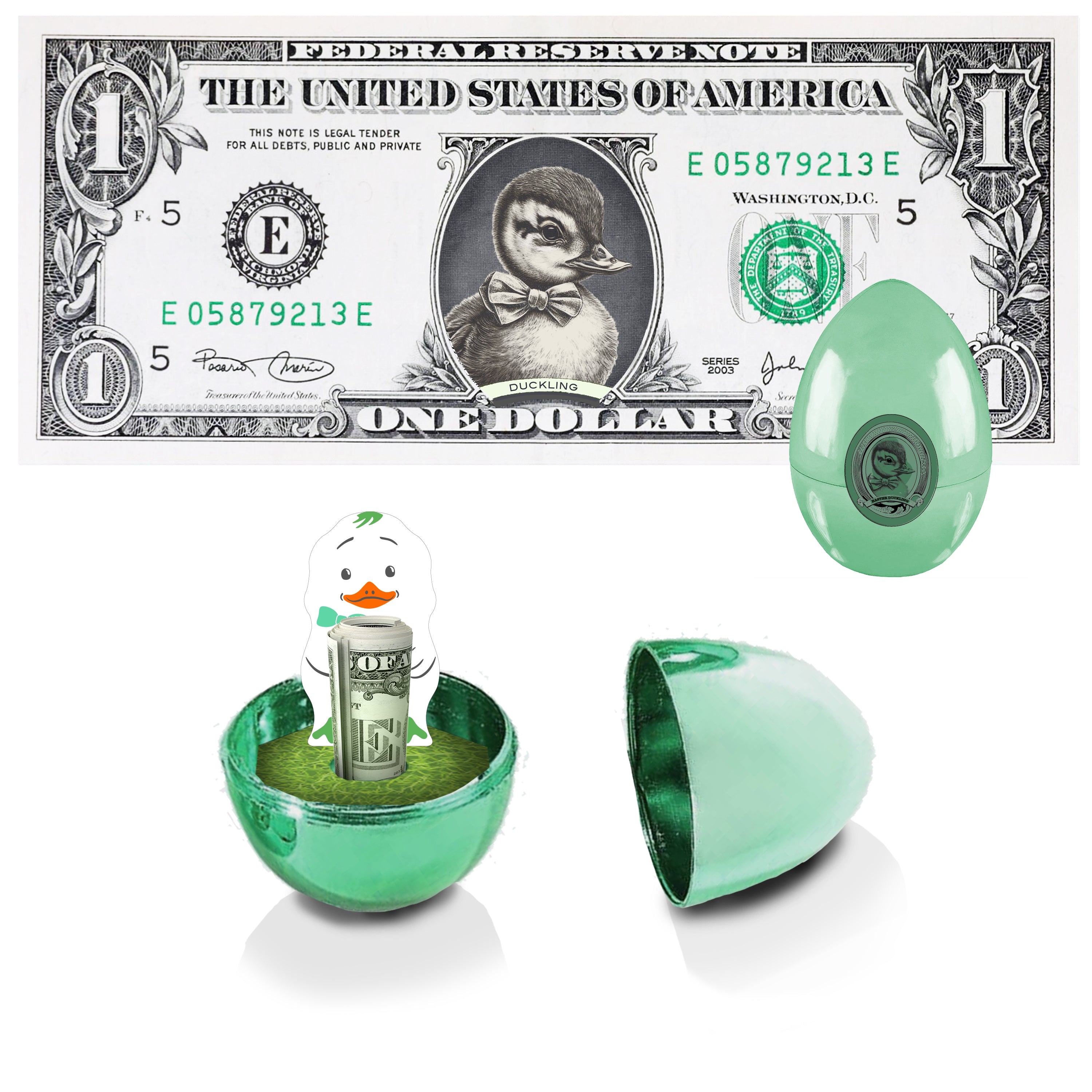 The Official Easter Duckling Dollar Bill with Golden Egg. Real 1.0 USD. Bankable & Spendable. Easter Basket Stuffer/Filler