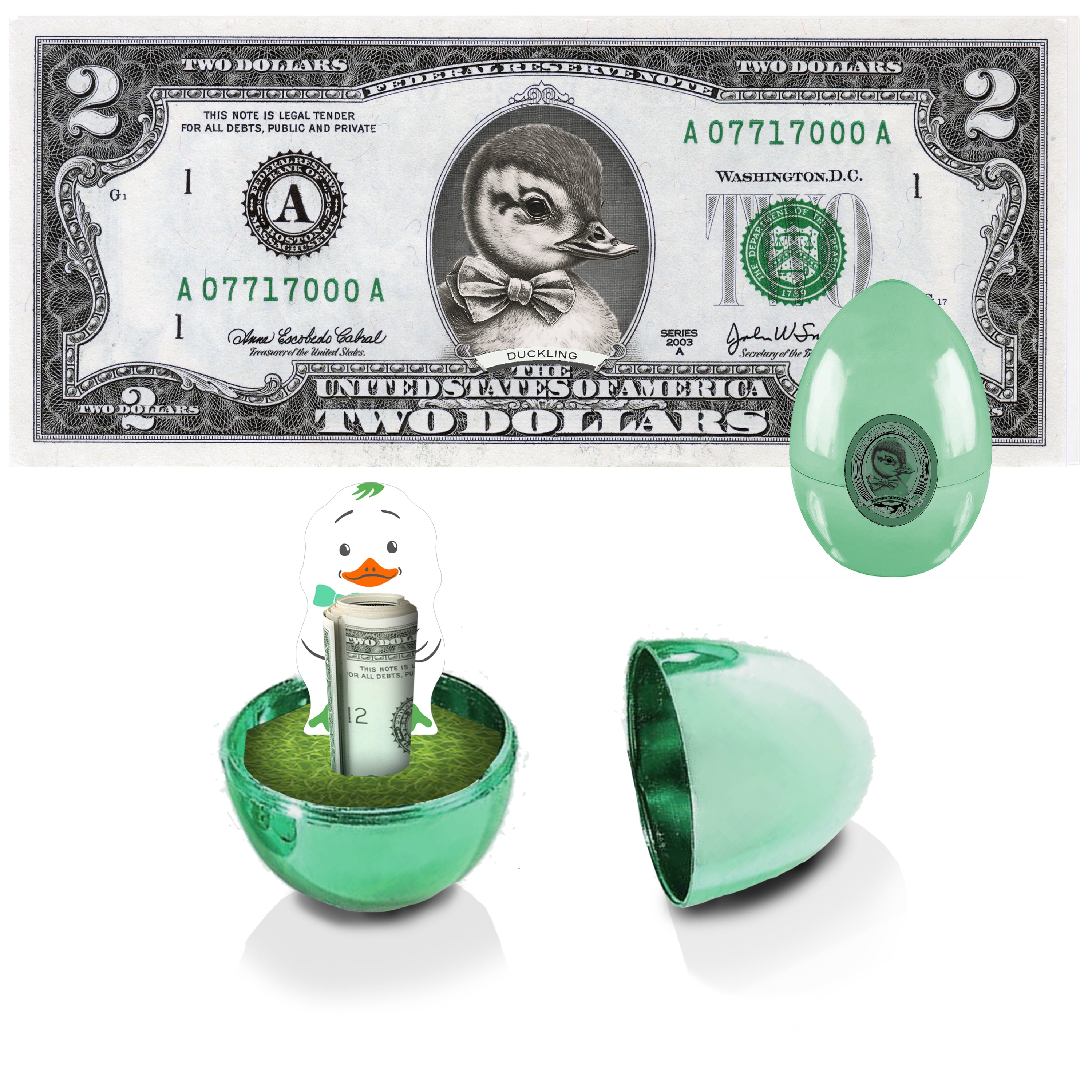 The Official Easter Duckling Dollar Bill with Golden Egg. Real 2.0 USD. Bankable & Spendable. Easter Basket Stuffer/Filler.