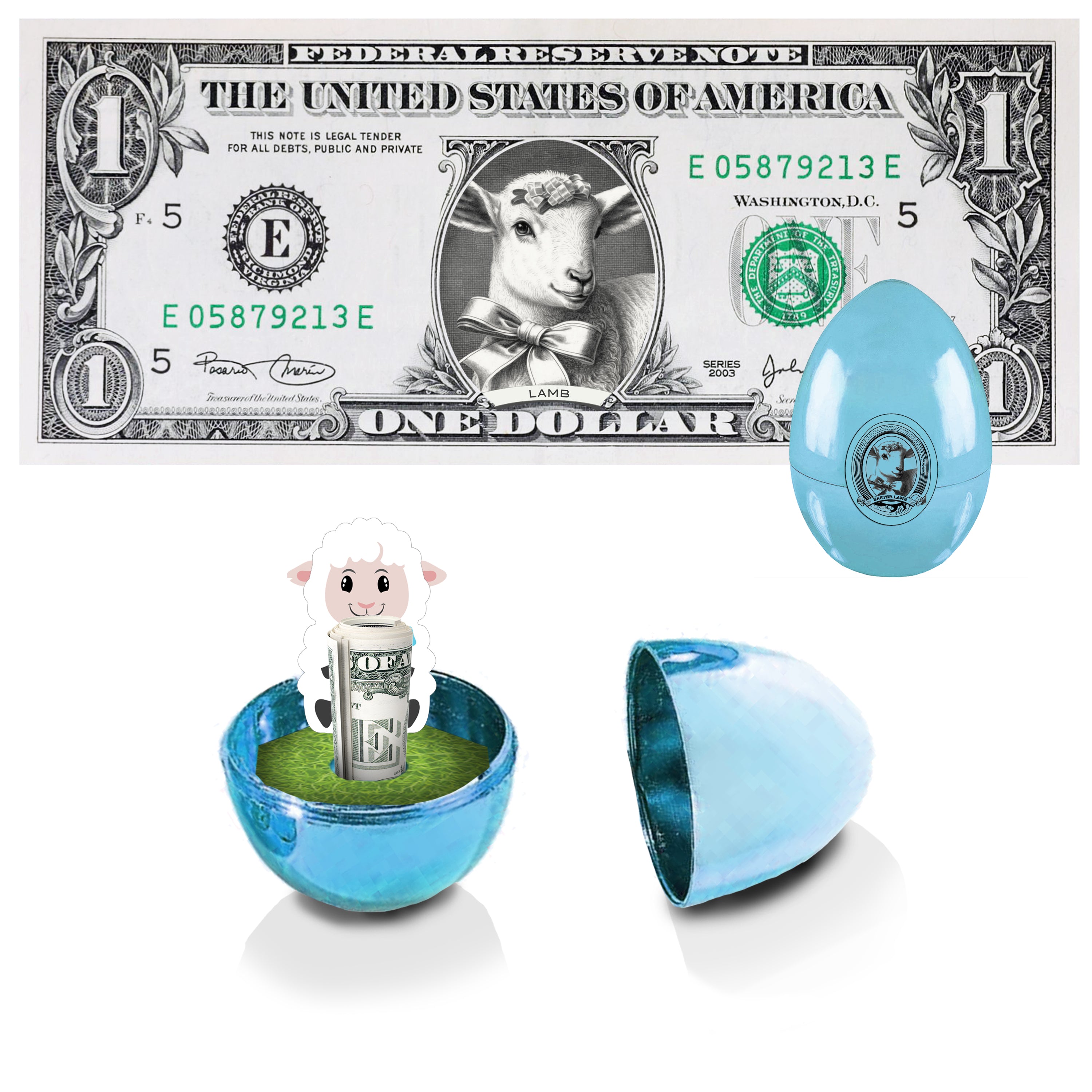 The Official Easter Lamb Dollar Bill with Golden Egg. Real 1.0 USD. Bankable & Spendable. Easter Basket Stuffer/Filler.