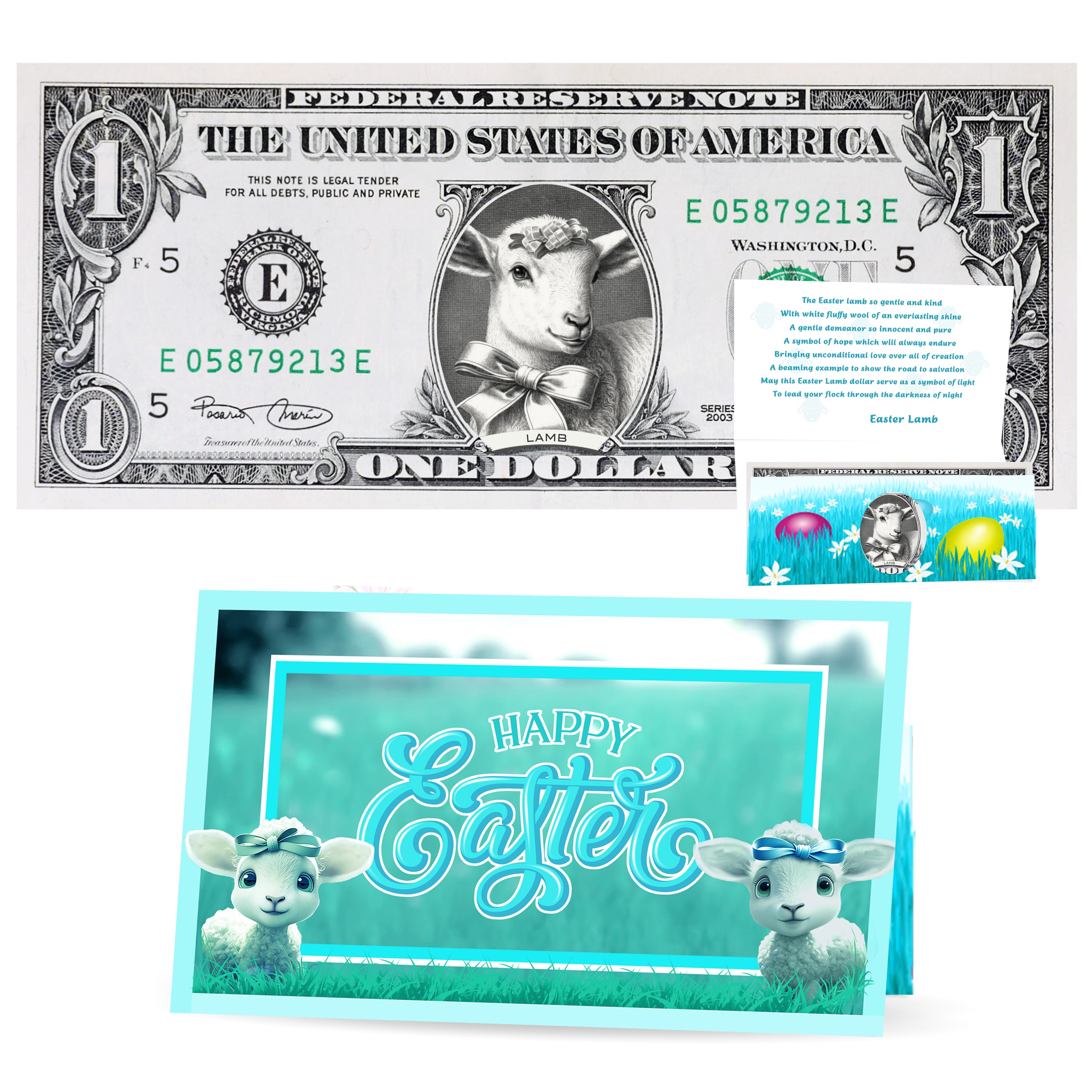 The Official Easter Lamb Dollar Bill. Real 1.0 USD. Each Bill Comes with an Easter Card and Currency Holder. Easter Basket Stuffer/Filler