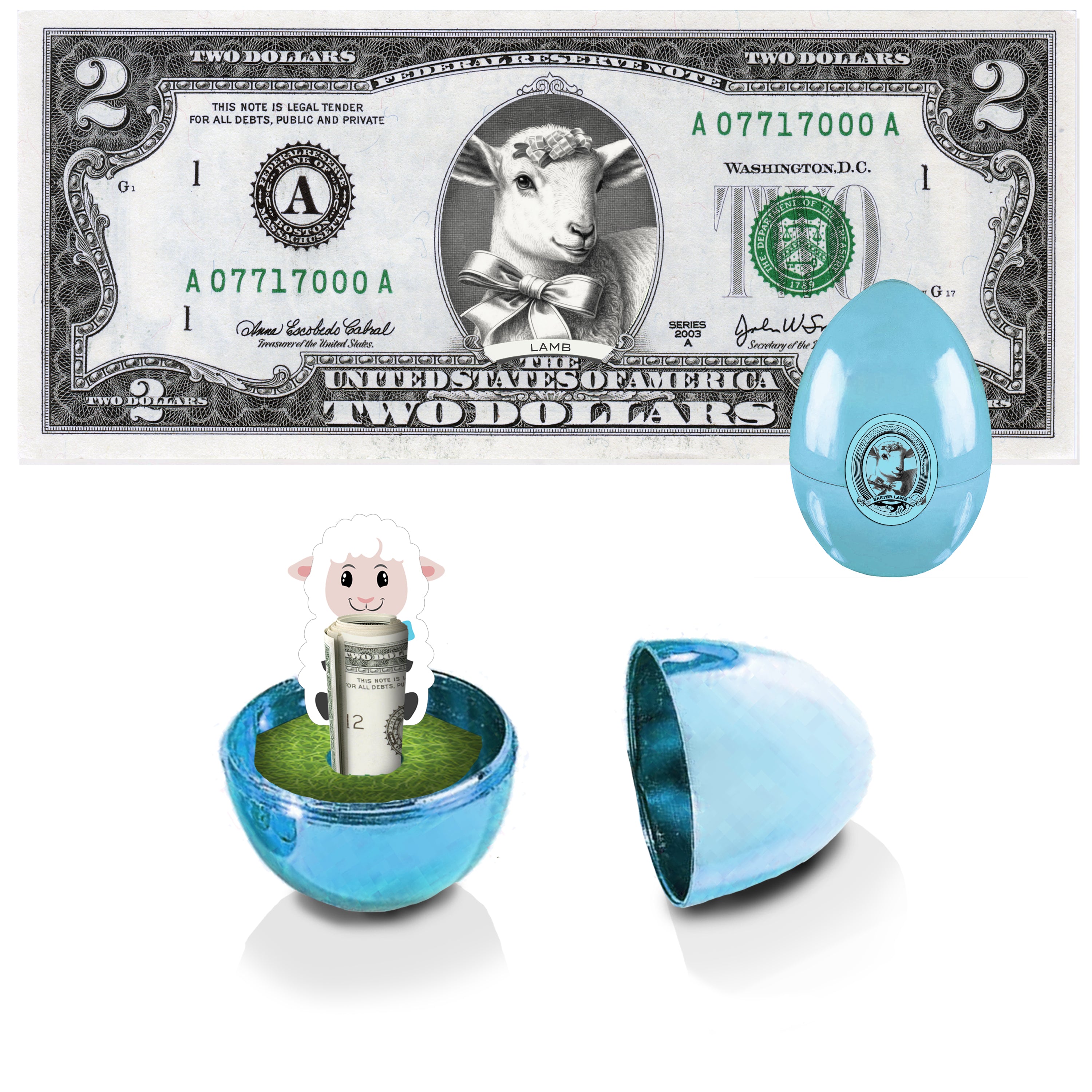 The Official Easter Lamb Dollar Bill with Golden Egg. Real 2.0 USD. Bankable & Spendable. Easter Basket Stuffer/Filler.