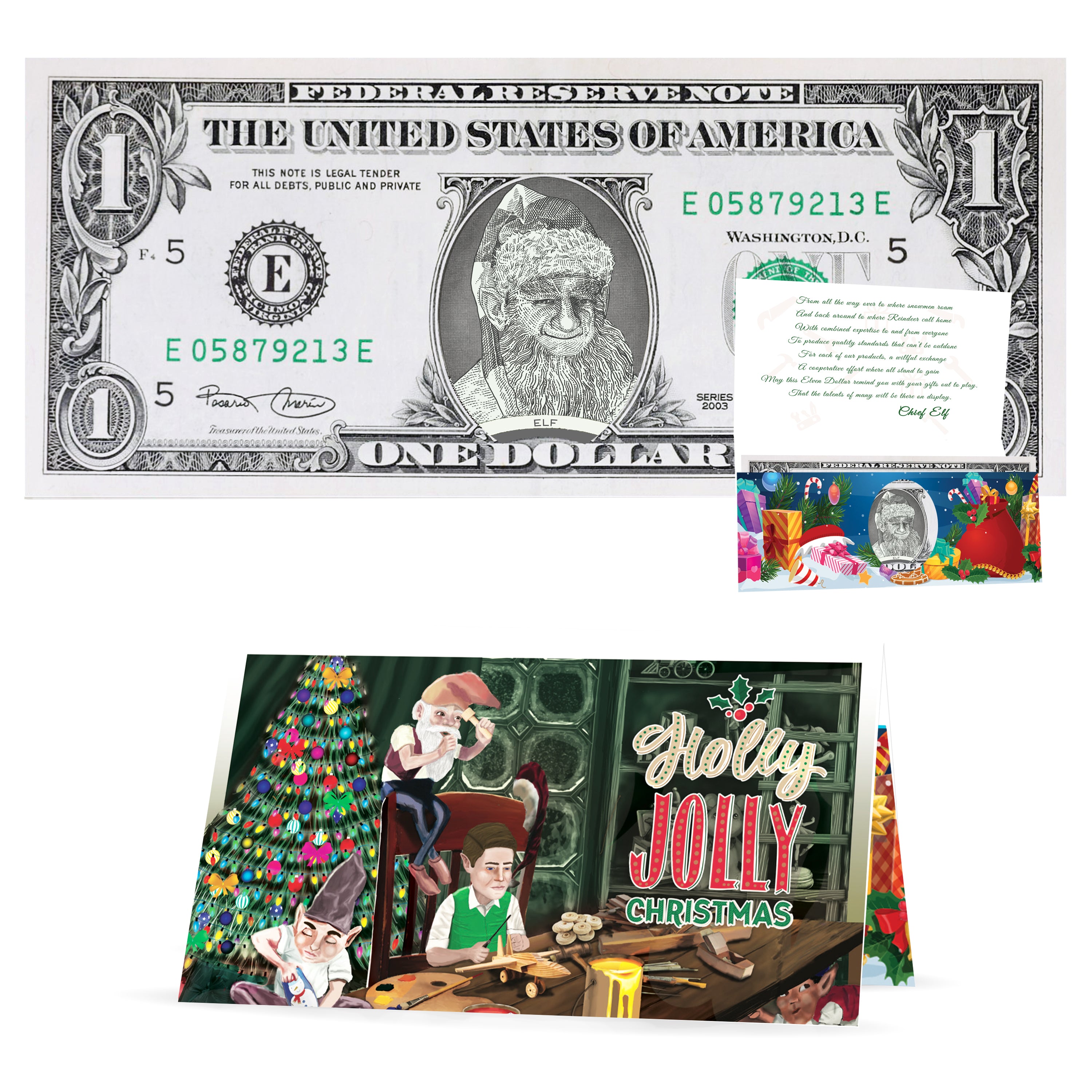 Santa's Elf Dollar Bill Stocking Stuffer Complete Gift Christmas Gift Package with Holiday Greeting Card. Affordable Christmas Gift