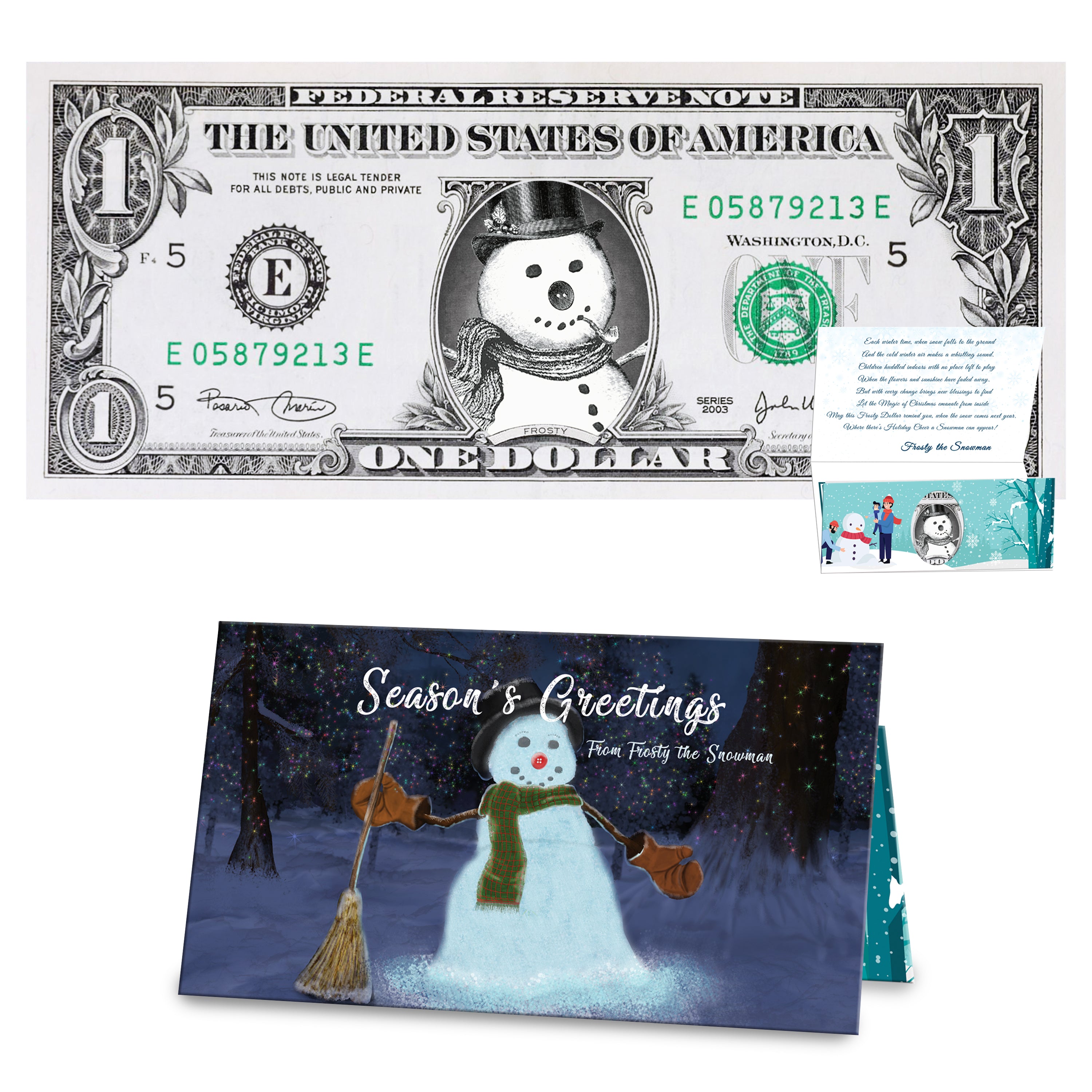 The Official Frosty the Snowman Dollar Bill: Real USD. The Gift of Christmas Cheer