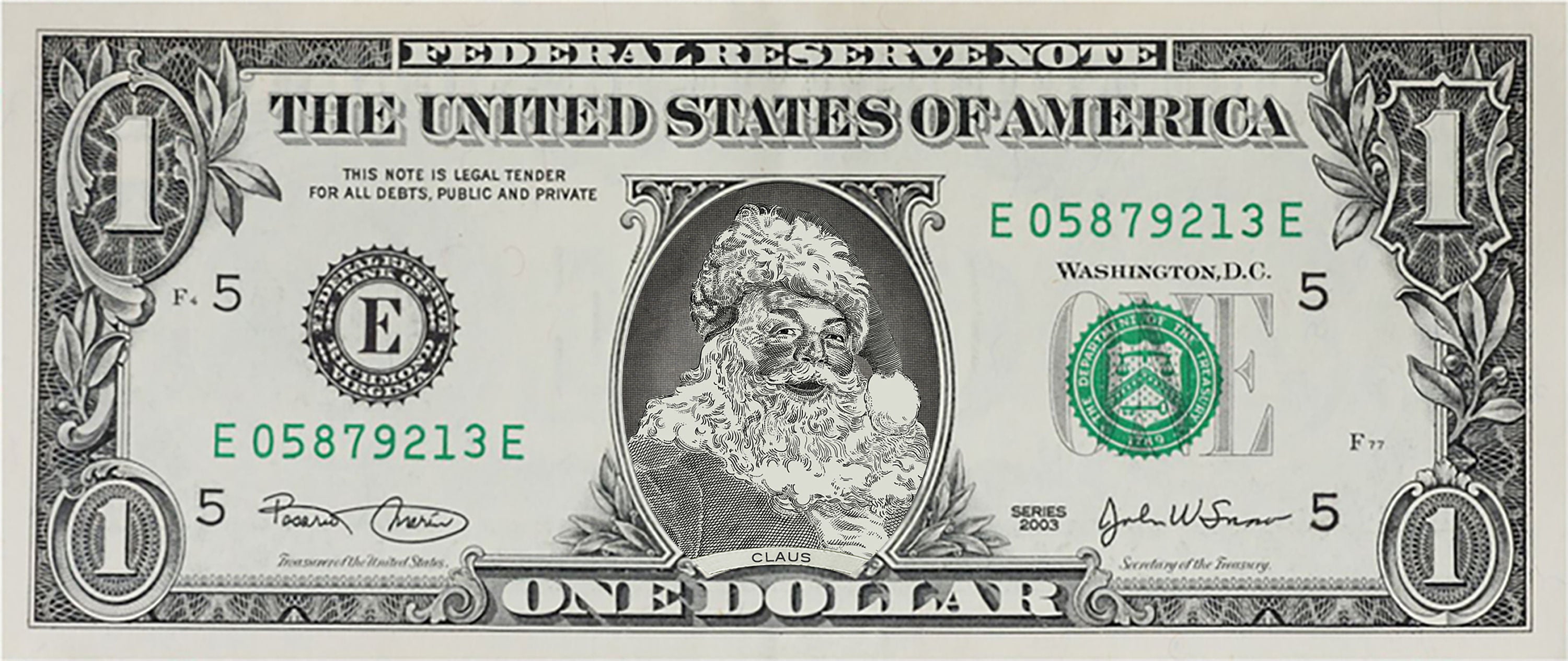 The Official Santa Claus Dollar Bill. Perfect Stocking Stuffer. Complete Gift Christmas Gift Package with Holiday Greeting Card. Affordable Christmas Gift