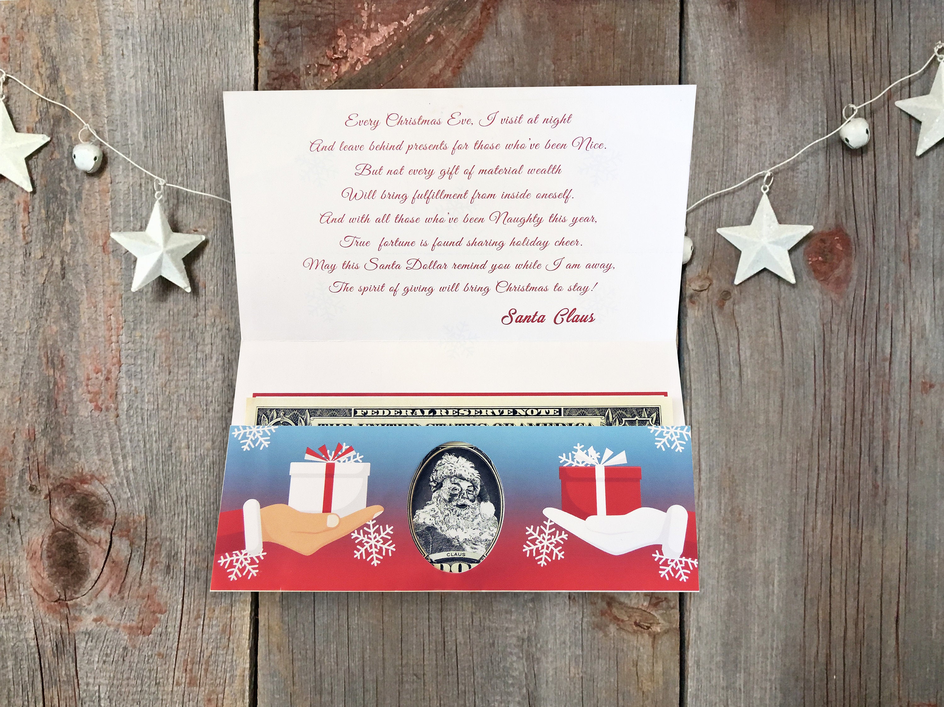The Official Santa Claus Dollar Bill. Perfect Stocking Stuffer. Complete Gift Christmas Gift Package with Holiday Greeting Card. Affordable Christmas Gift