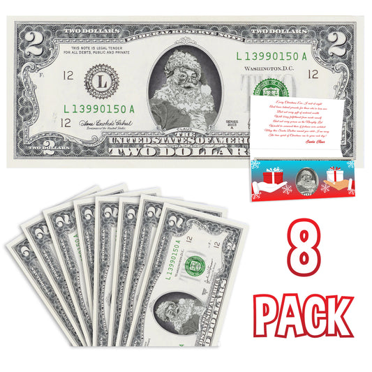 Santa Claus 2.0 USD Dollar Bill Gift Package with Holiday Greeting Card. Affordable Christmas Gift. 8 cards and 8 2.0 USD Dollar Bills