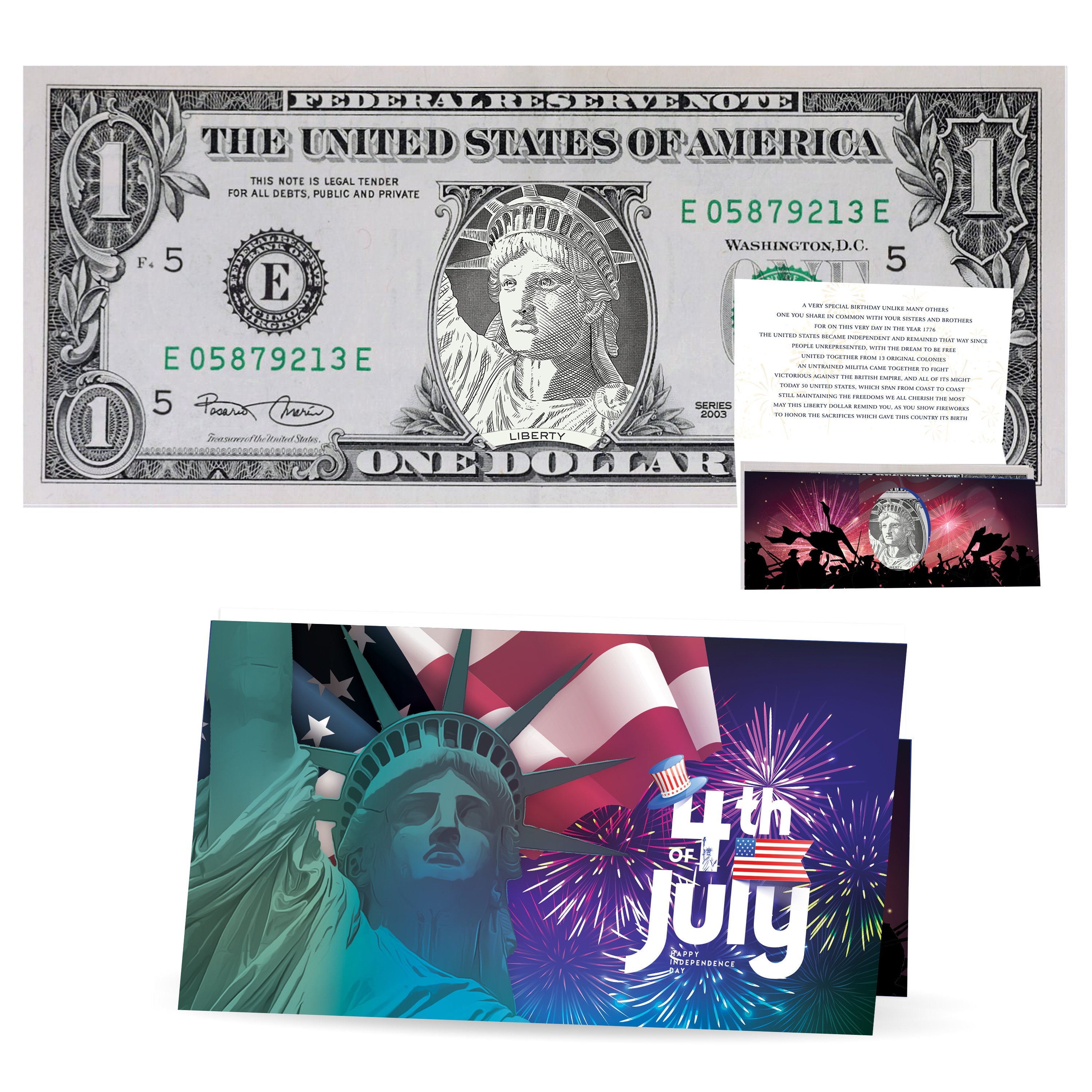 Statue of Liberty 4th of July Dollar Bill. Genuine 1.0 USD!