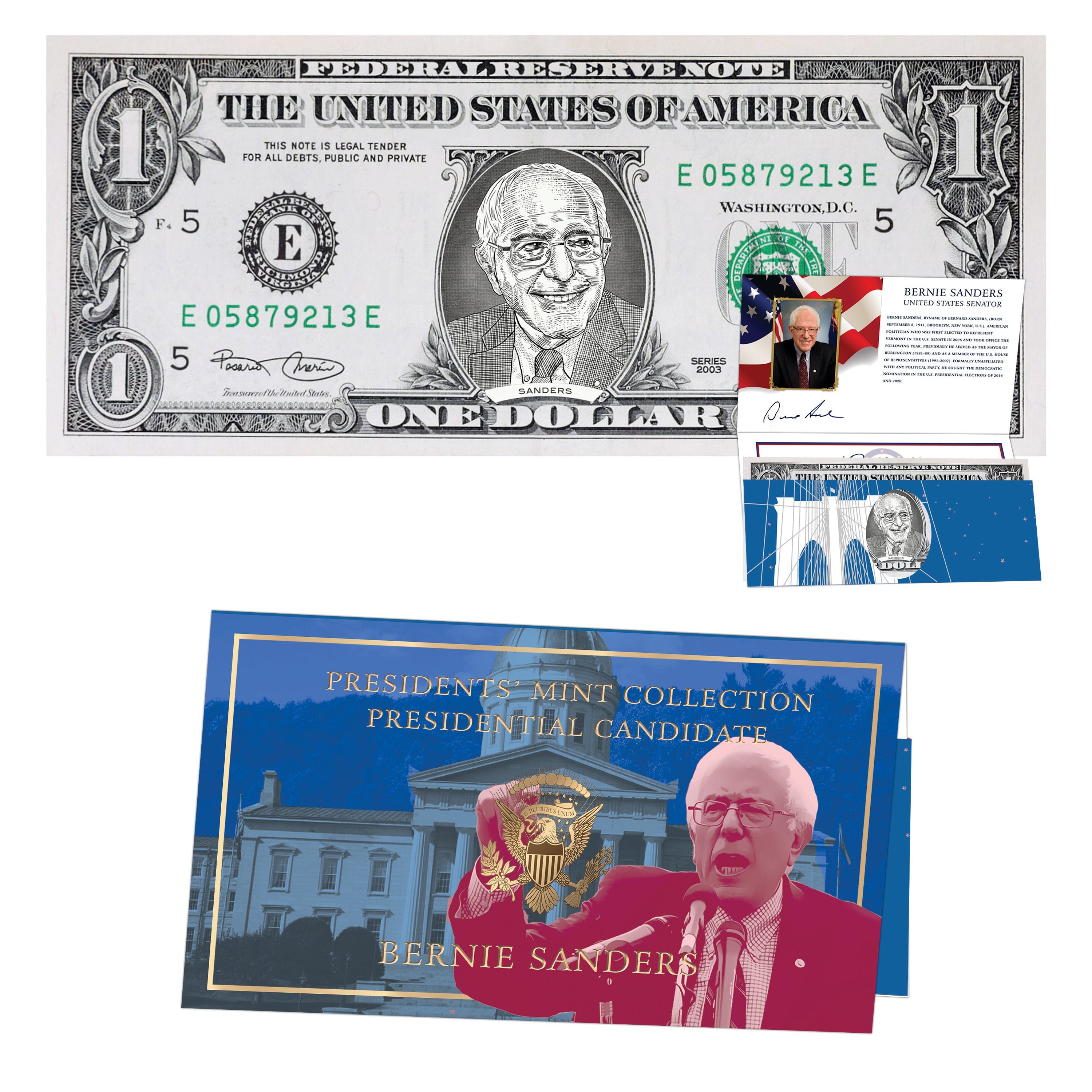 Bernie Sanders Official Dollar Bill w/ Presidential Currency Card. Presidential Futures Collection - REAL USD!