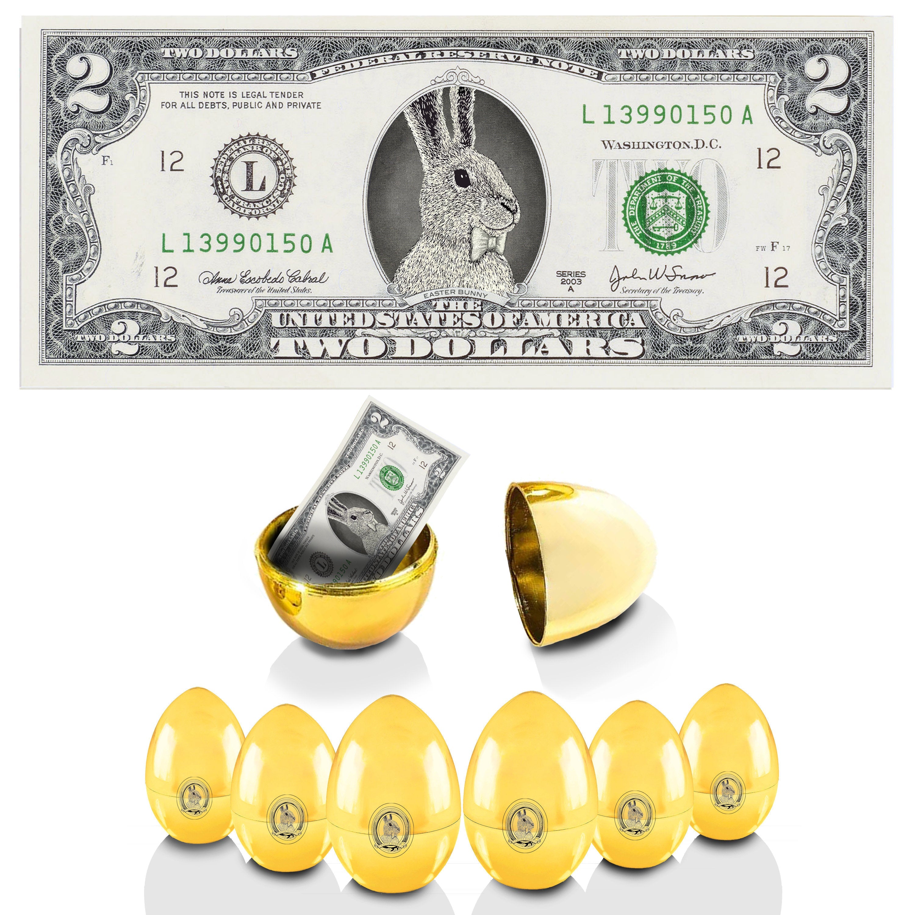 The Official Easter Bunny Dollar Bill with Golden Eggs Value 6 Pack. V2 Bunny in Suit. Bunny Bucks. Real 2.0 USD x 6. Bankable & Spendable. Easter Basket Stuffer/Filler.