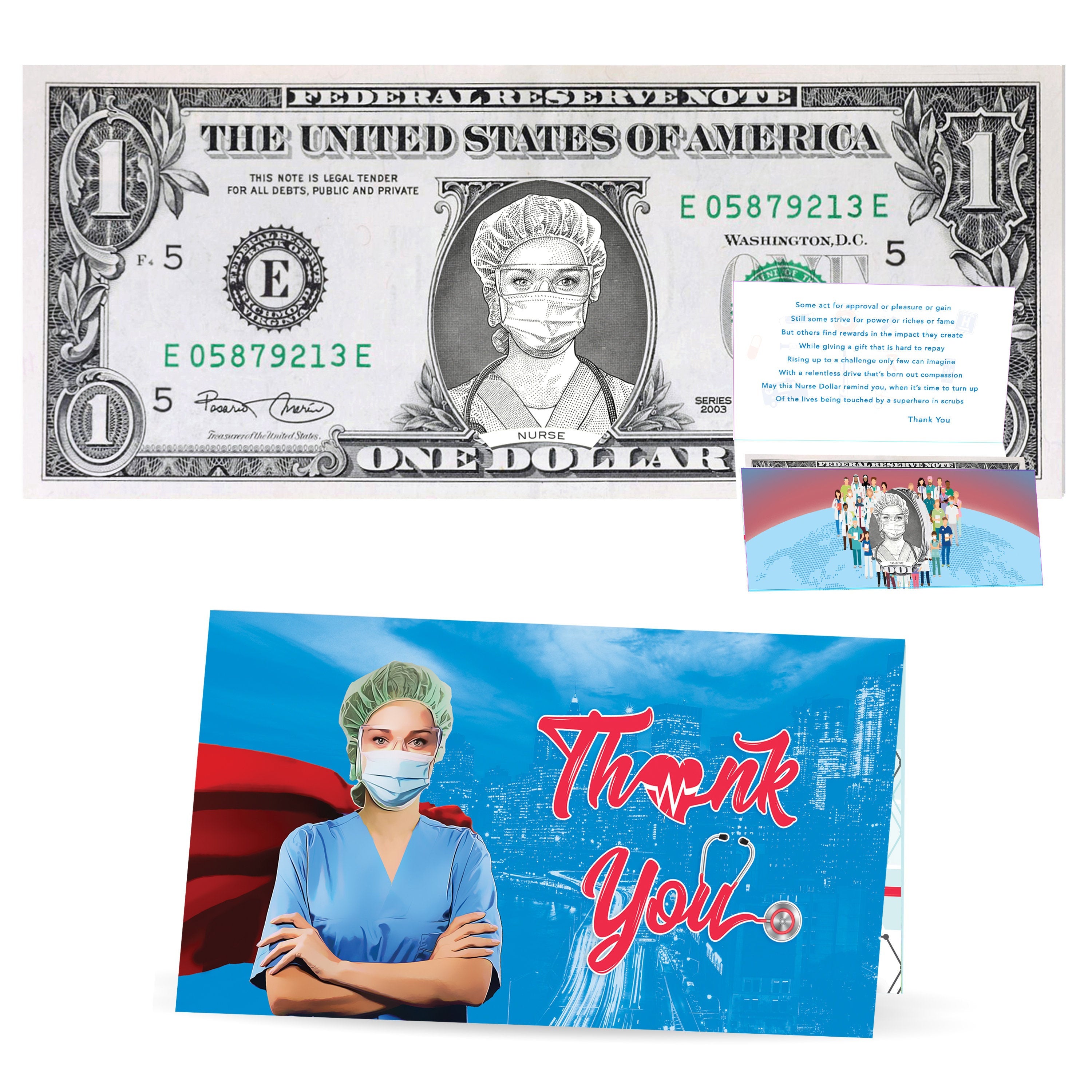 Thank You Healthcare Workers Nurse Dollar Bills and Greeting Card. Genuine 1.0 USD!  Nurse Appreciation, Doctor Appreciation