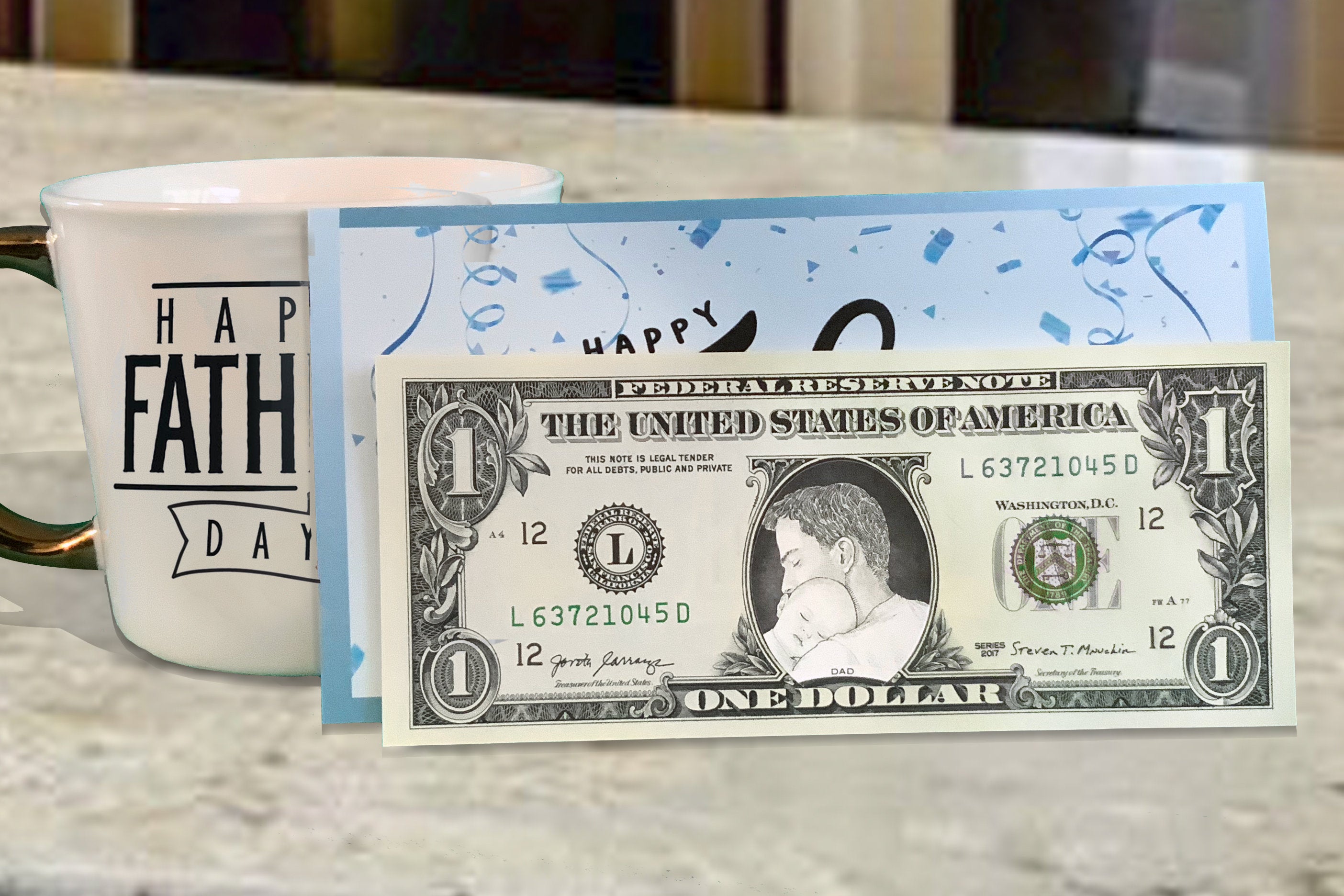 The Official Father's Day Dollar Bill 4-Pack. Real 1.0 USD. Each Bill Comes with a Father's Day Card, Currency Holder and Thank You Dad Poem