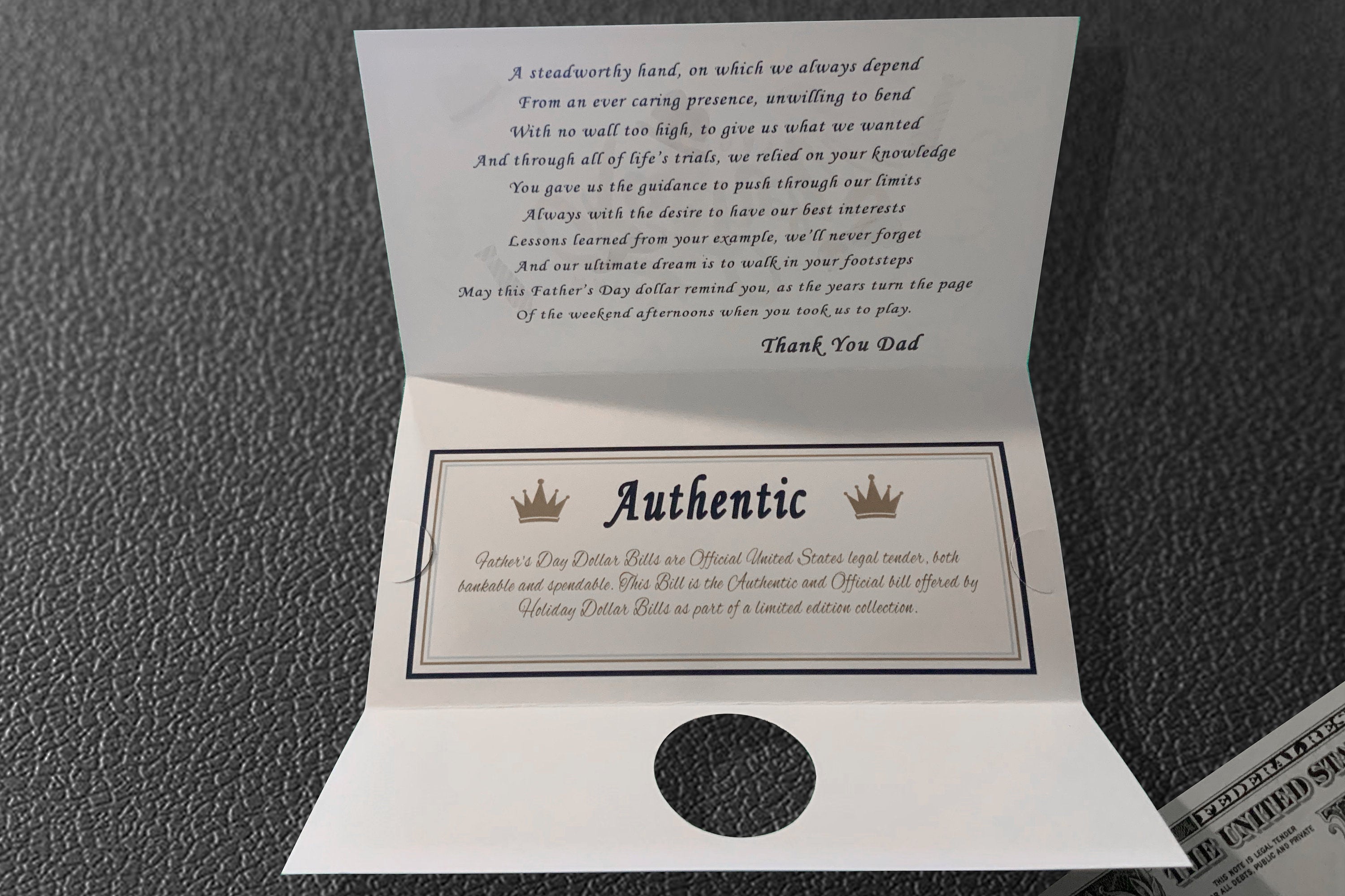 The Official Father's Day Dollar Bill 4-Pack. Real 1.0 USD. Each Bill Comes with a Father's Day Card, Currency Holder and Thank You Dad Poem