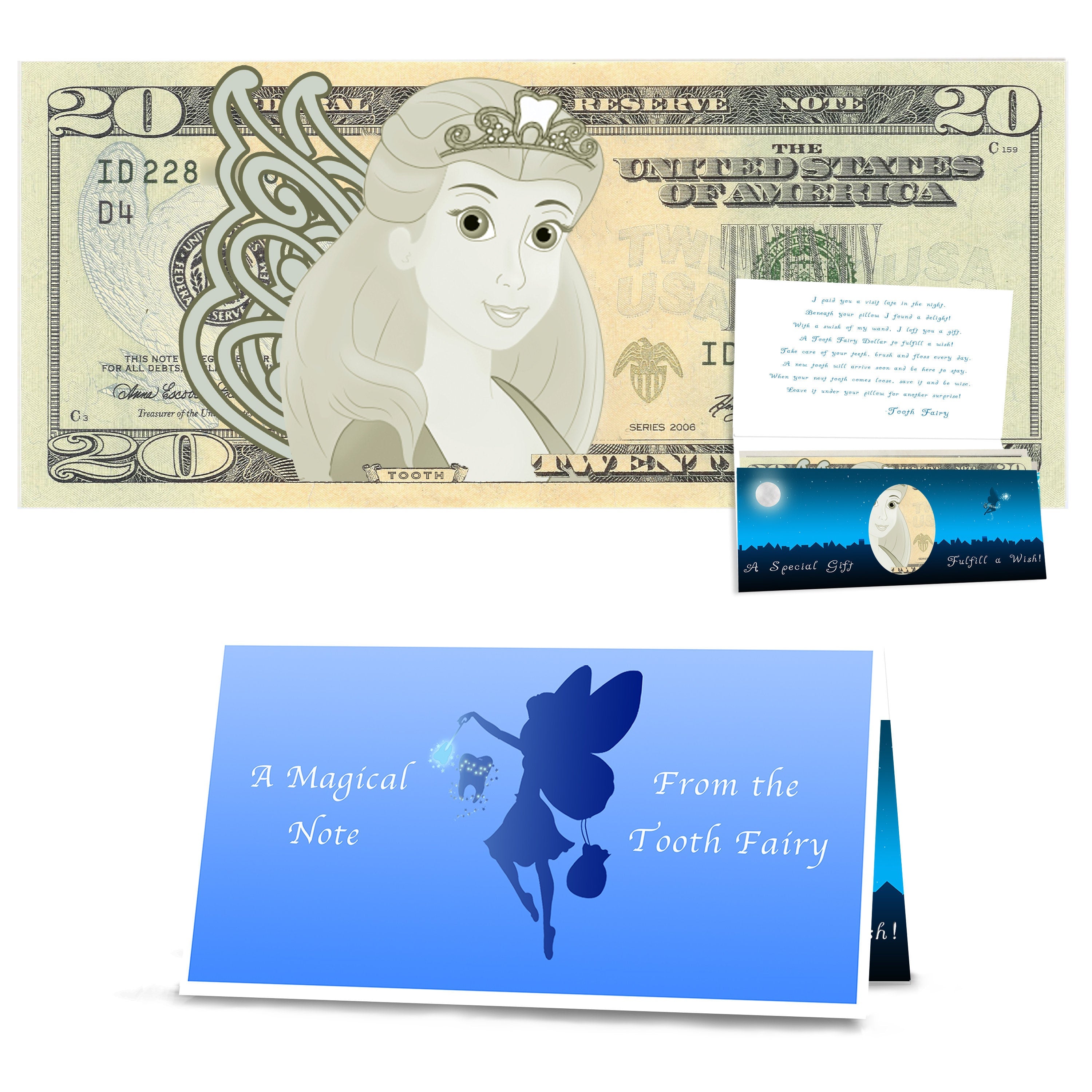 Tooth Fairy 20.0 USD. Real 20.0 USD with a Tooth Fairy Seal over the Bank Note. Tooth Fairy Gift and Card from the