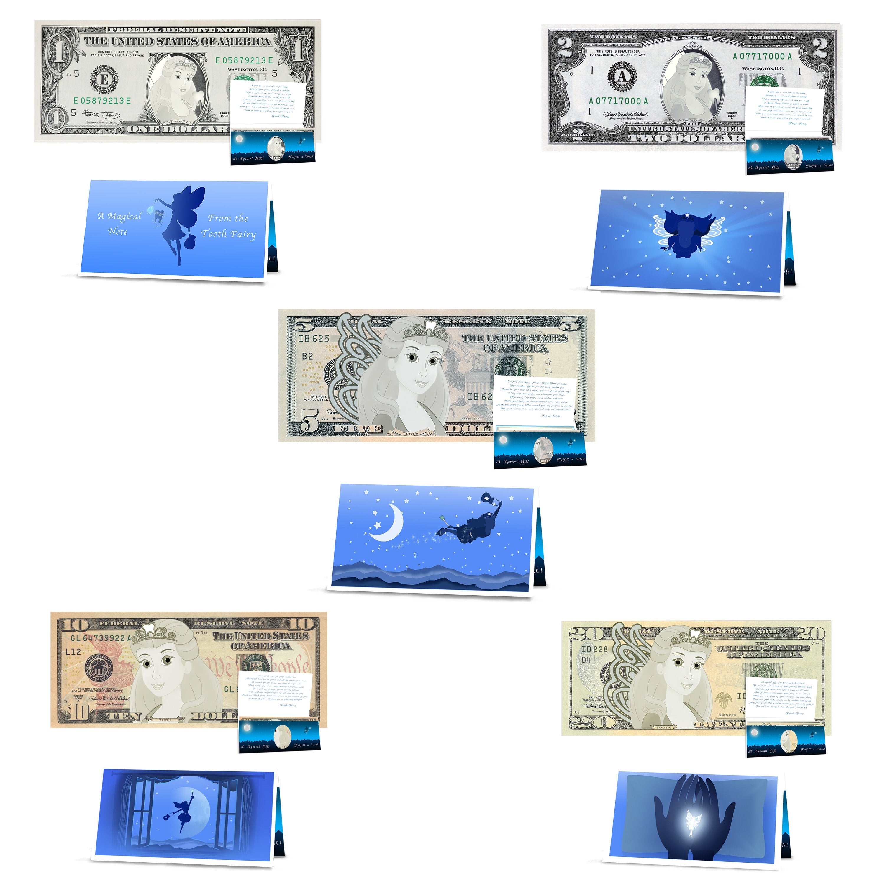 Tooth Fairy 5.0 Dollar Bill Tooth Fairy Gift withTooth Fairy Letter/Ca –  Holiday Dollars