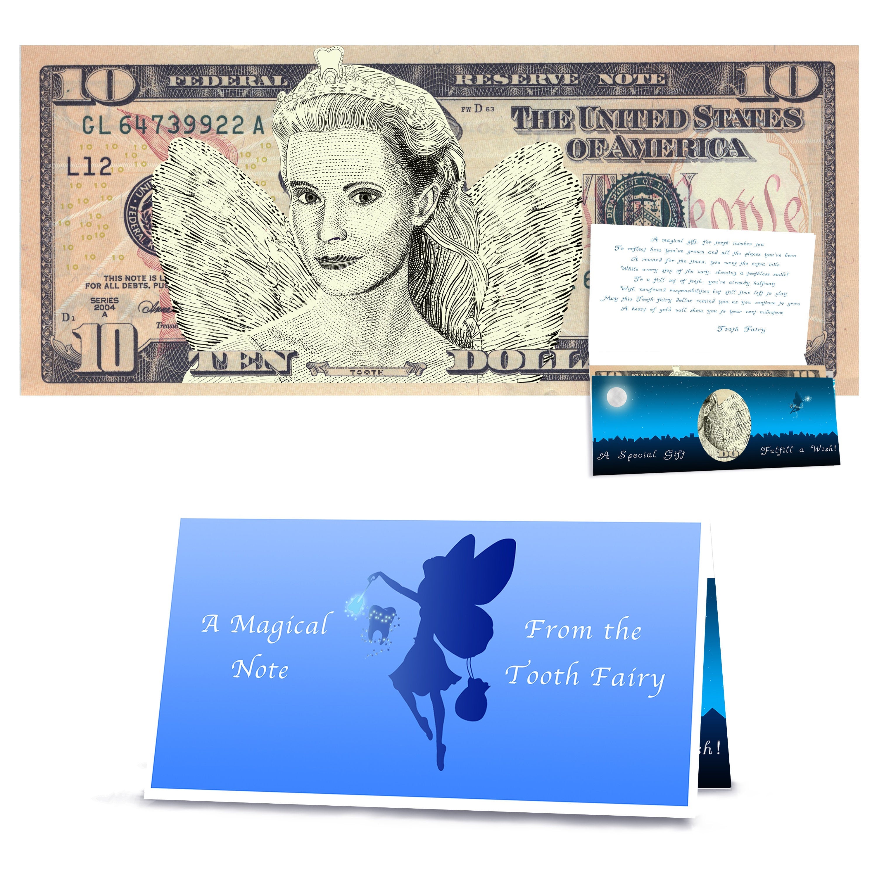 Tooth Fairy 10.0 Dollar Bill Realistic Portrait Tooth Fairy Gift with Tooth Fairy Letter. REAL USD. The Complete Tooth Fairy Gift Package