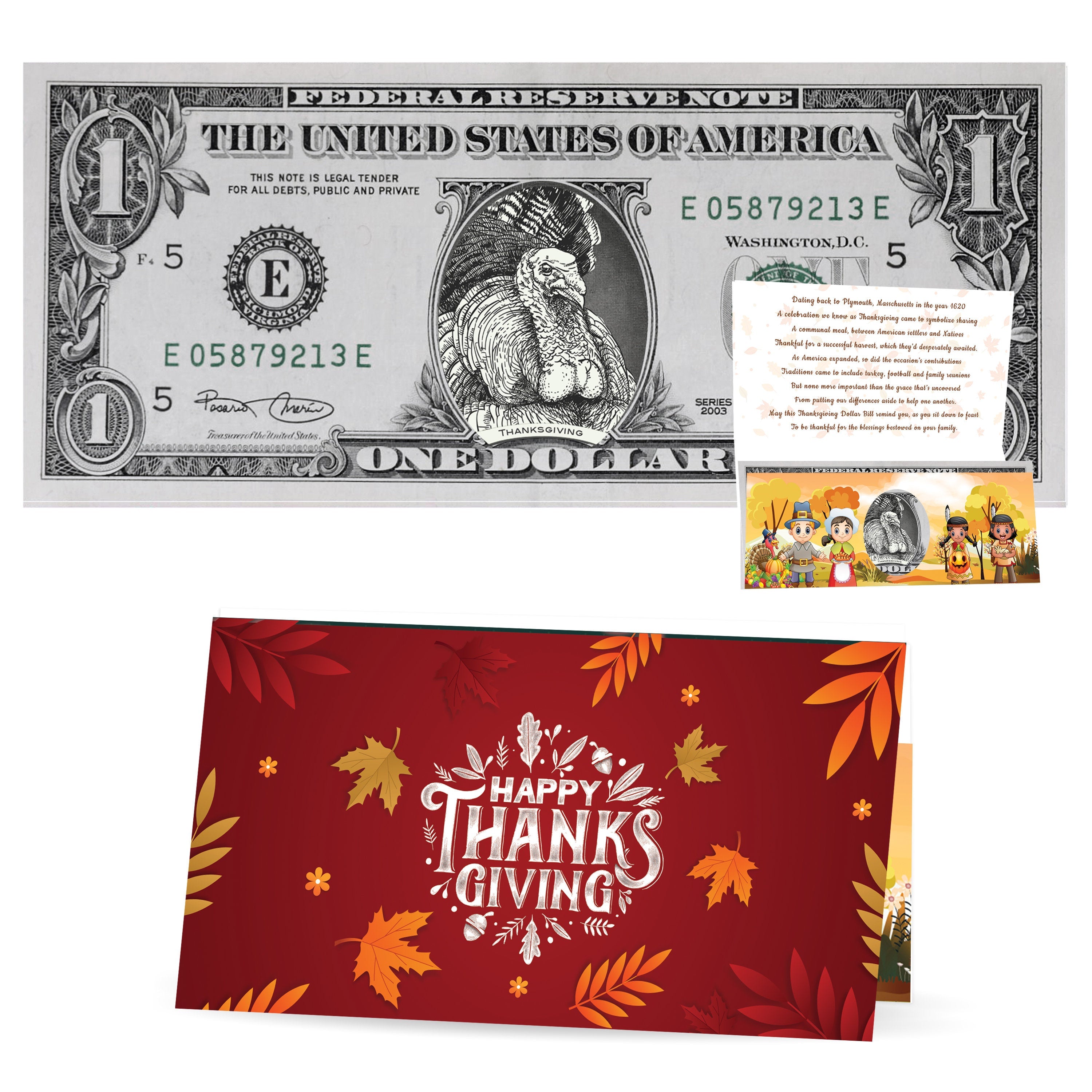Thanksgiving Turkey Dollar Bill. Genuine 1.0 USD! Perfect Thanksgiving and Fall Holiday Greeting Card Gift