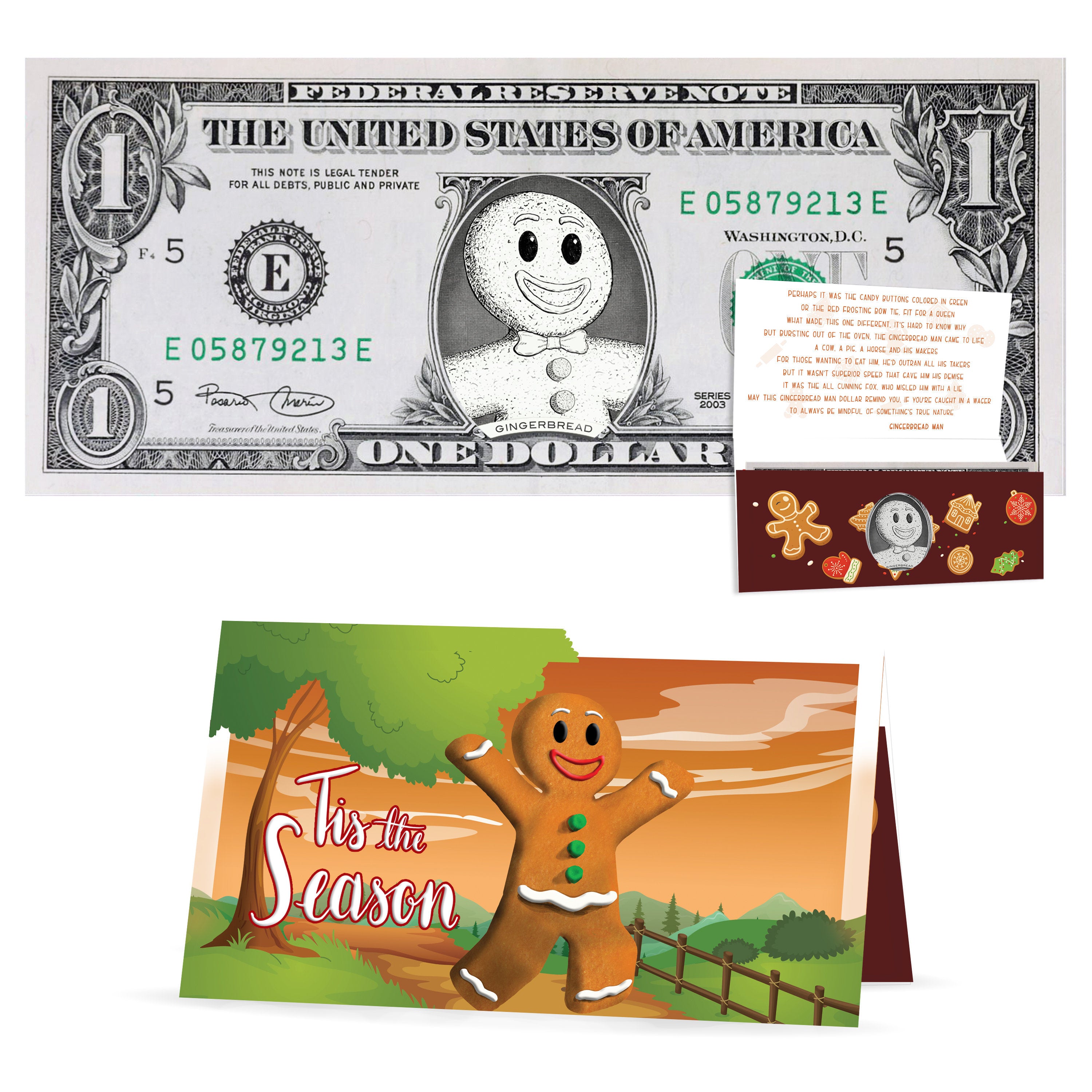 Gingerbread Man 1.0 USD Dollar Bill. Perfect Stocking Stuffer Complete Gift Christmas Gift Package with Holiday Greeting Card.