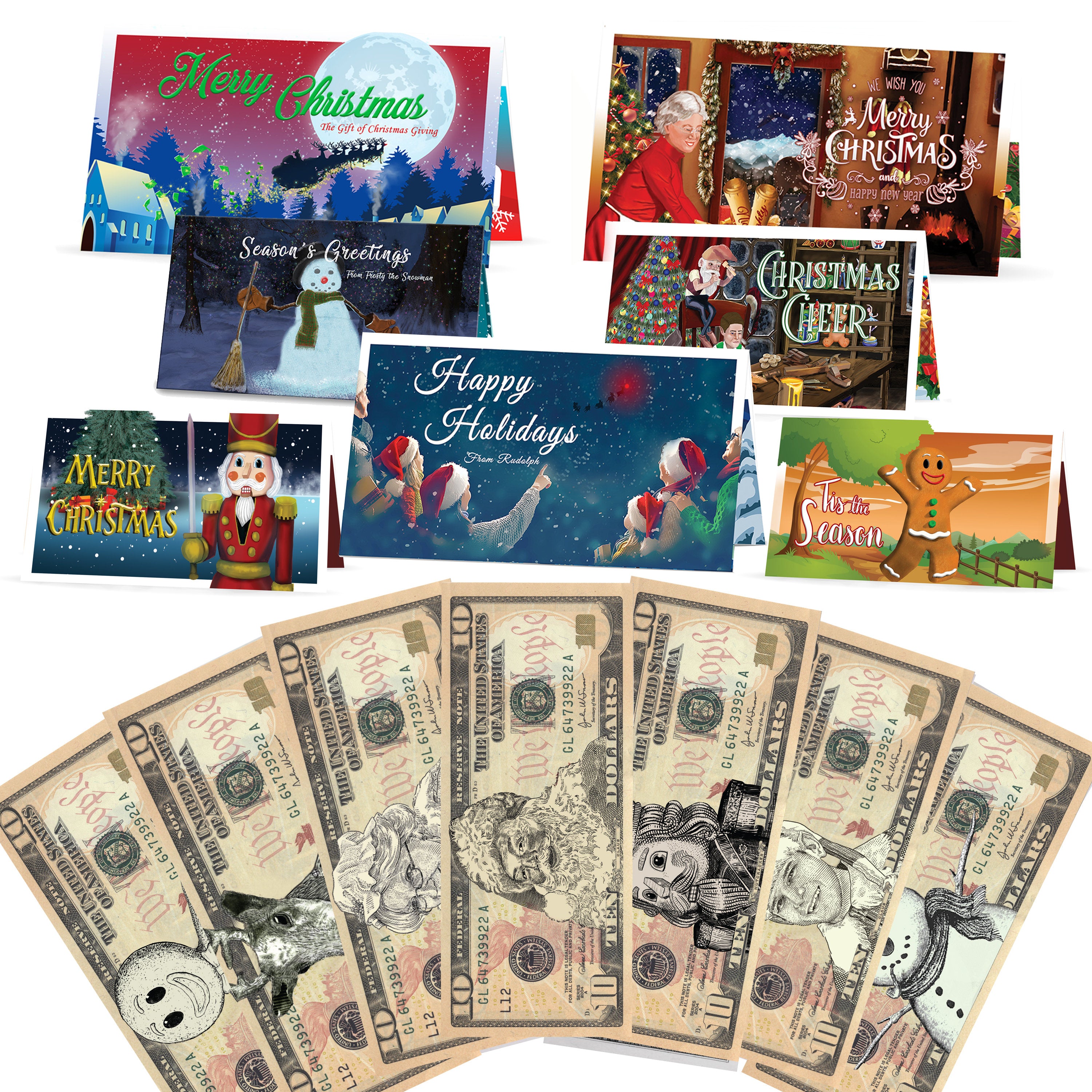 Christmas Dollars 10.0 USD Complete Gift Package with Holiday Greeting Cards. Affordable Christmas Gift. 7 cards and 10.0 USD Dollar Bills