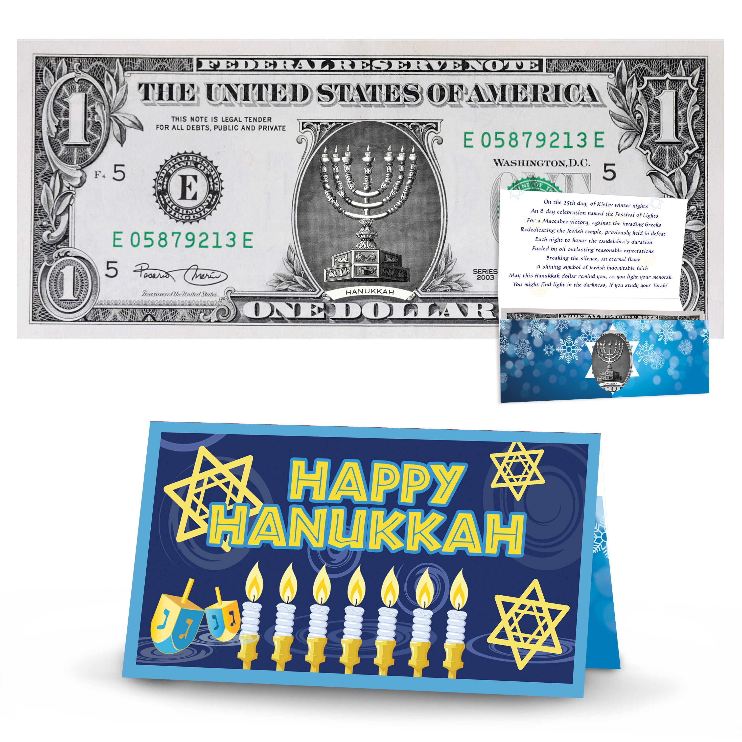 Hanukkah Dollar Bill Perfect Stocking Stuffer Complete Hanukkah Gift Package with Hanukkah Greeting Card. Affordable Hanukkah Gift