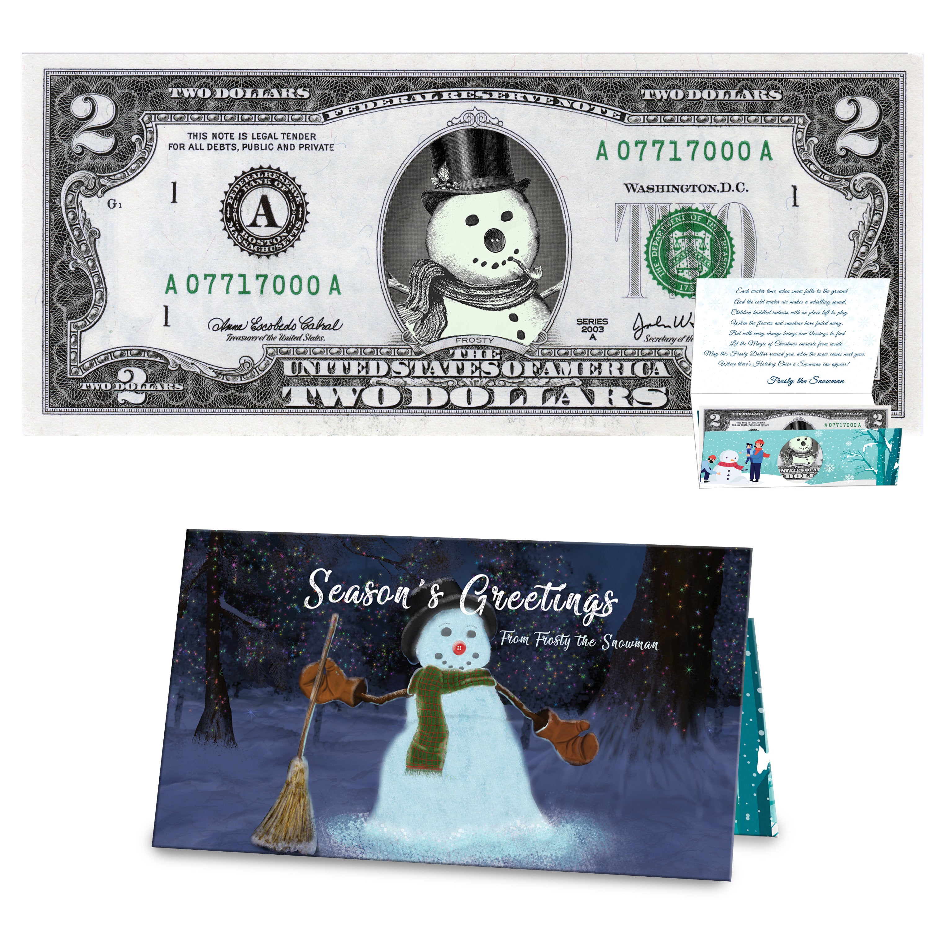 Frosty the Snowman 2.0 Dollar Bill Stocking Stuffer Complete Christmas Gift Package with Holiday Greeting Card. Affordable Christmas Gift