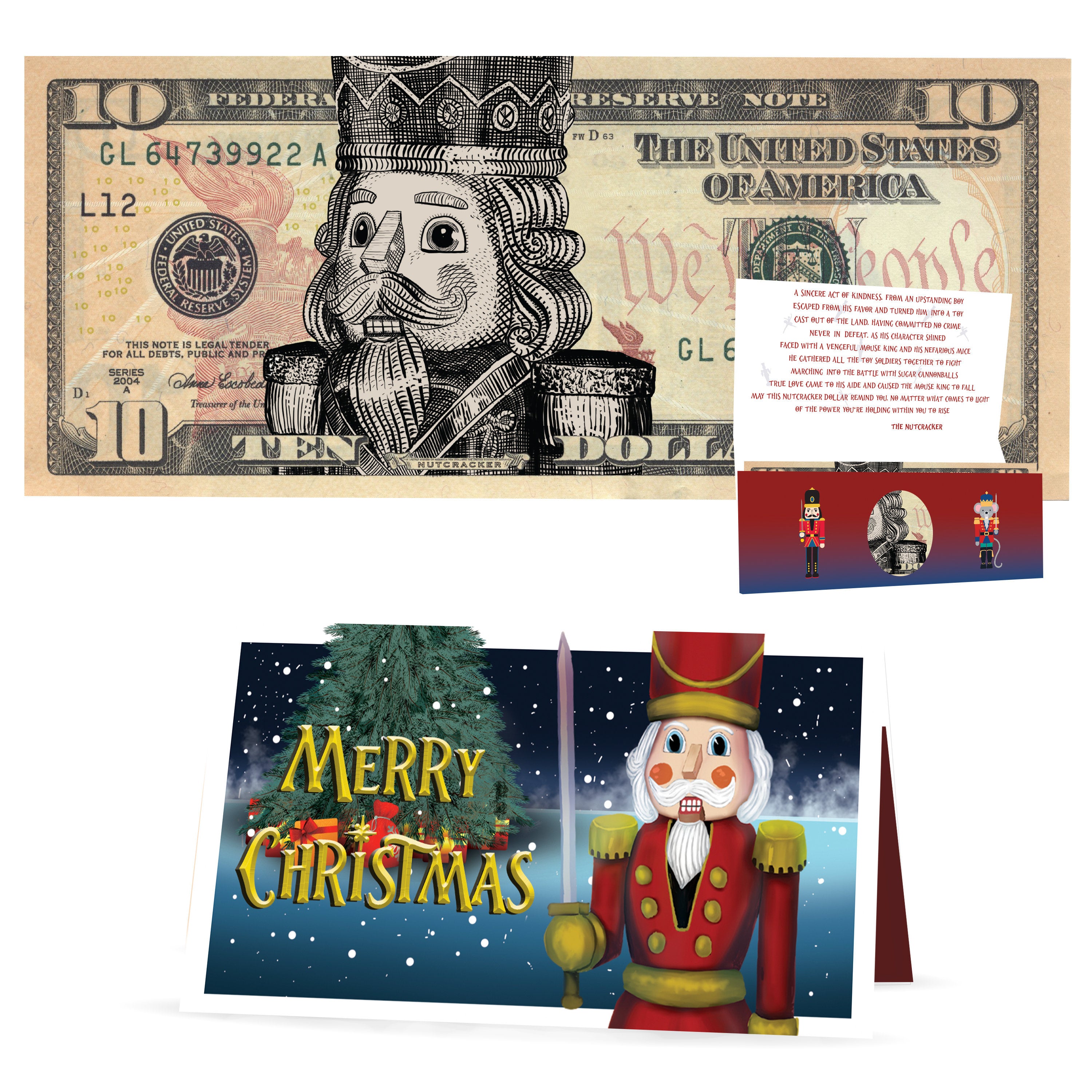 Nutcracker 10.0 USD Dollar Bill. Perfect Stocking Stuffer Complete Gift Christmas Gift Package with Holiday Greeting Card.