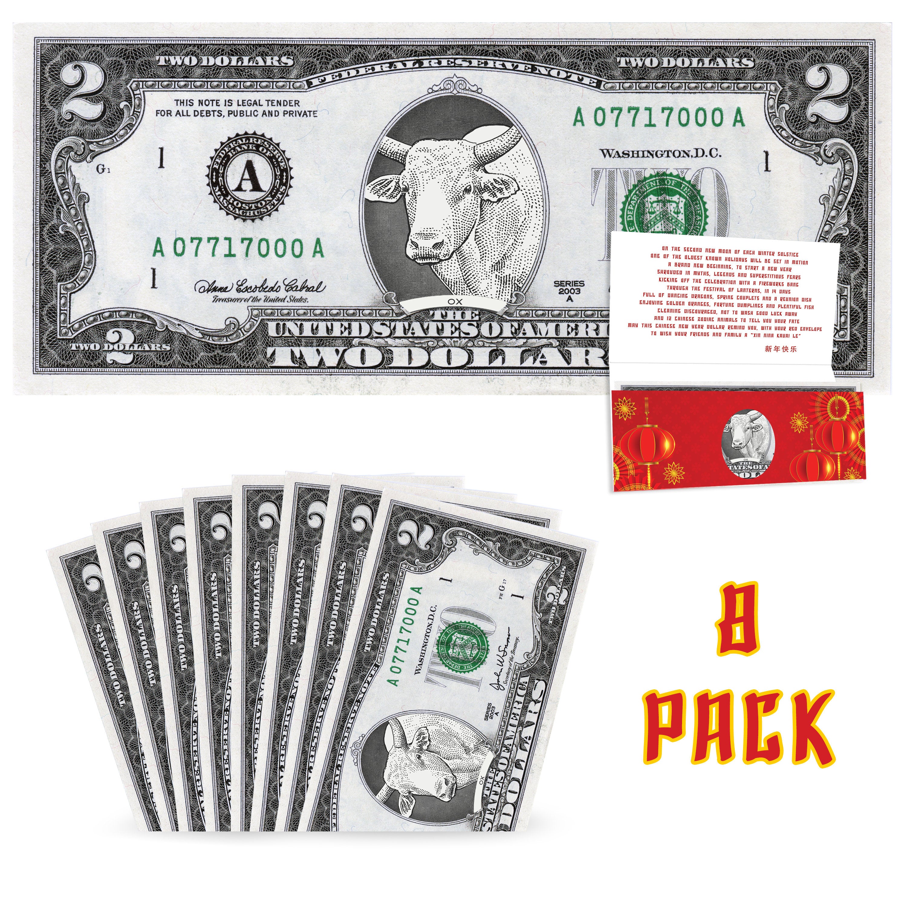 Official Chinese New Year Lucky Dollar: Real 2.0 USD with Removable Seal 8-Pack. Year of the Ox 2021 Lucky Red Packet and Envelope