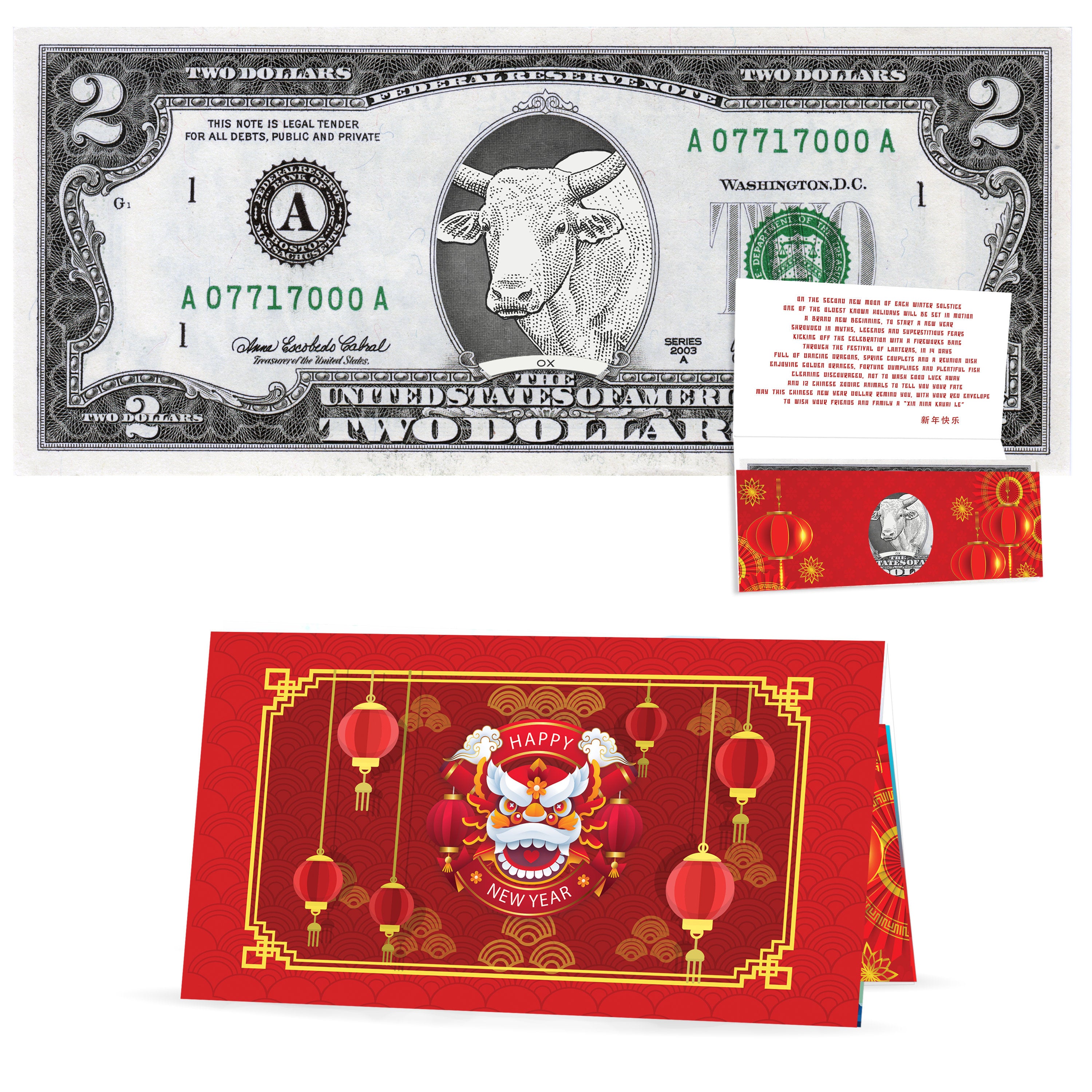 Official Chinese New Year Lucky Dollar: Real 2.0 USD with Removable Seal. Year of the Ox 2021 Lucky Red Packet and Envelope