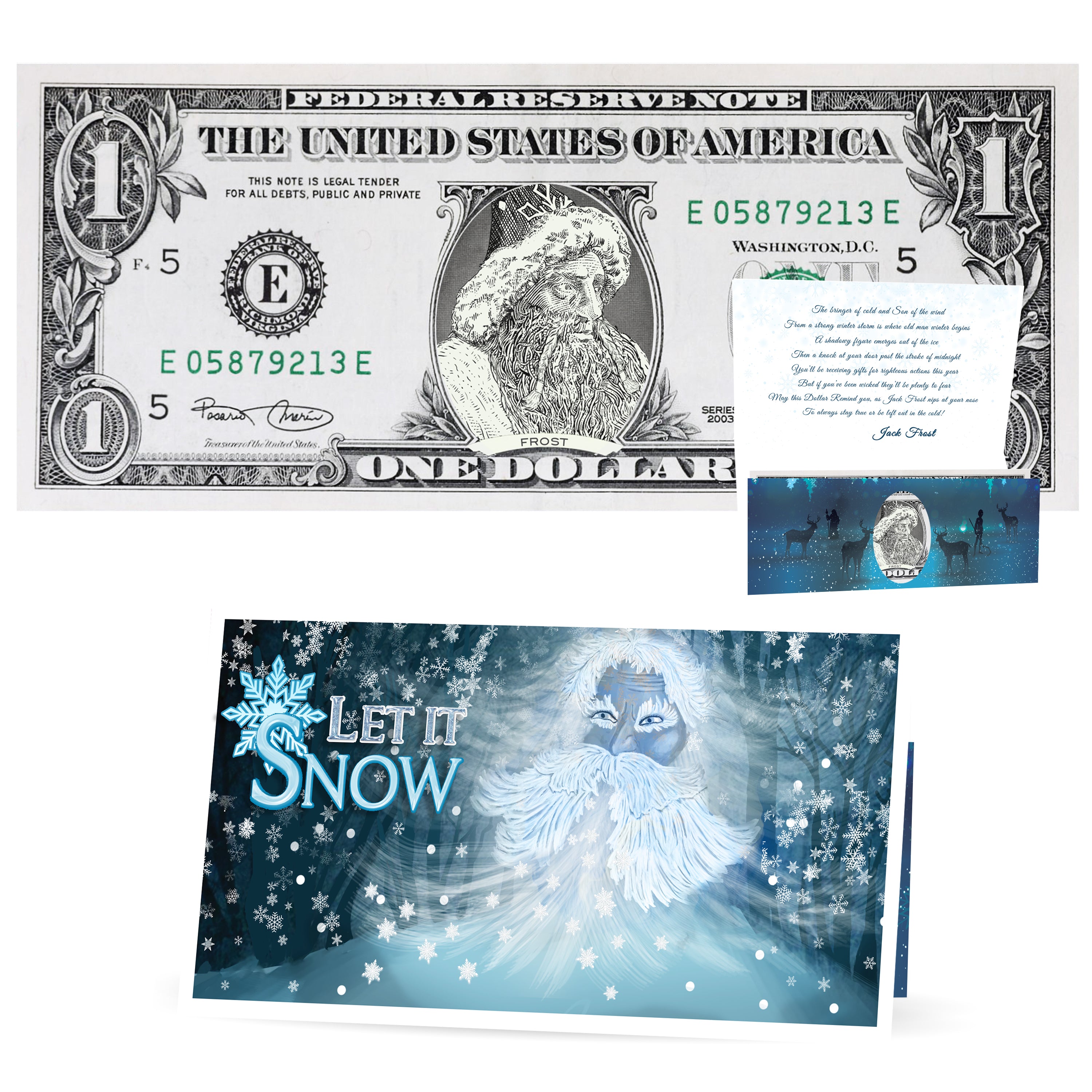 Jack Frost Dollar Bill Stocking Stuffer Complete Gift Christmas Gift Package with Holiday Greeting Card. Affordable Christmas Gift