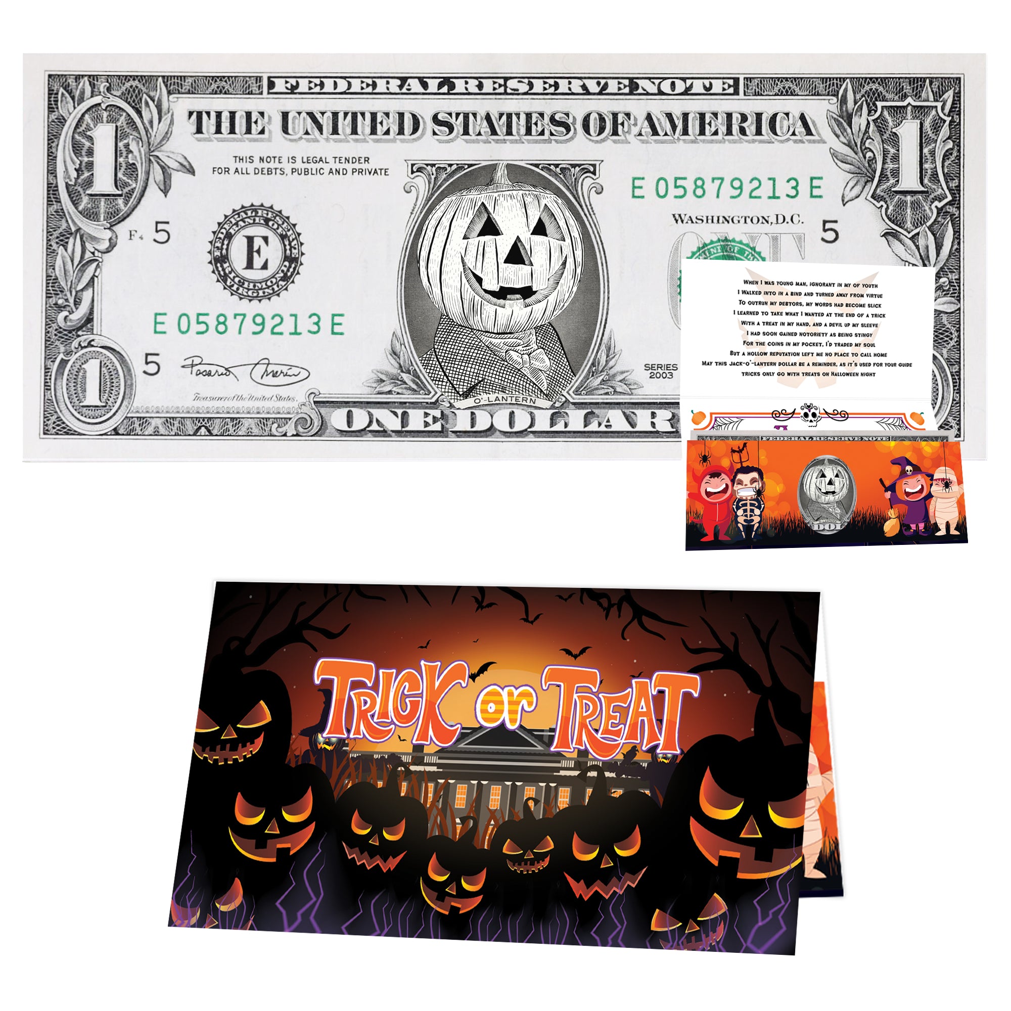 The Official Jack-O'-Lantern Halloween Dollar Bill. Real 1.0 USD. Bankable & Spendable. Each Bill Comes with a Halloween Card.