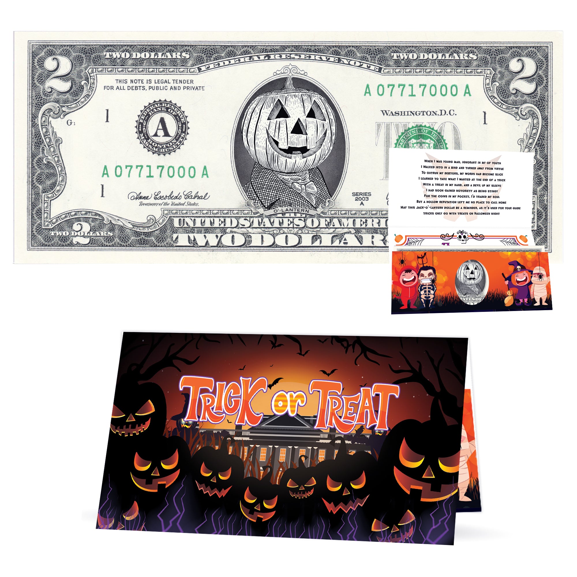 The Official Jack-O'-Lantern Halloween Dollar Bill. Real 2.0 USD. Bankable & Spendable. Each Bill Comes with a Halloween Card.