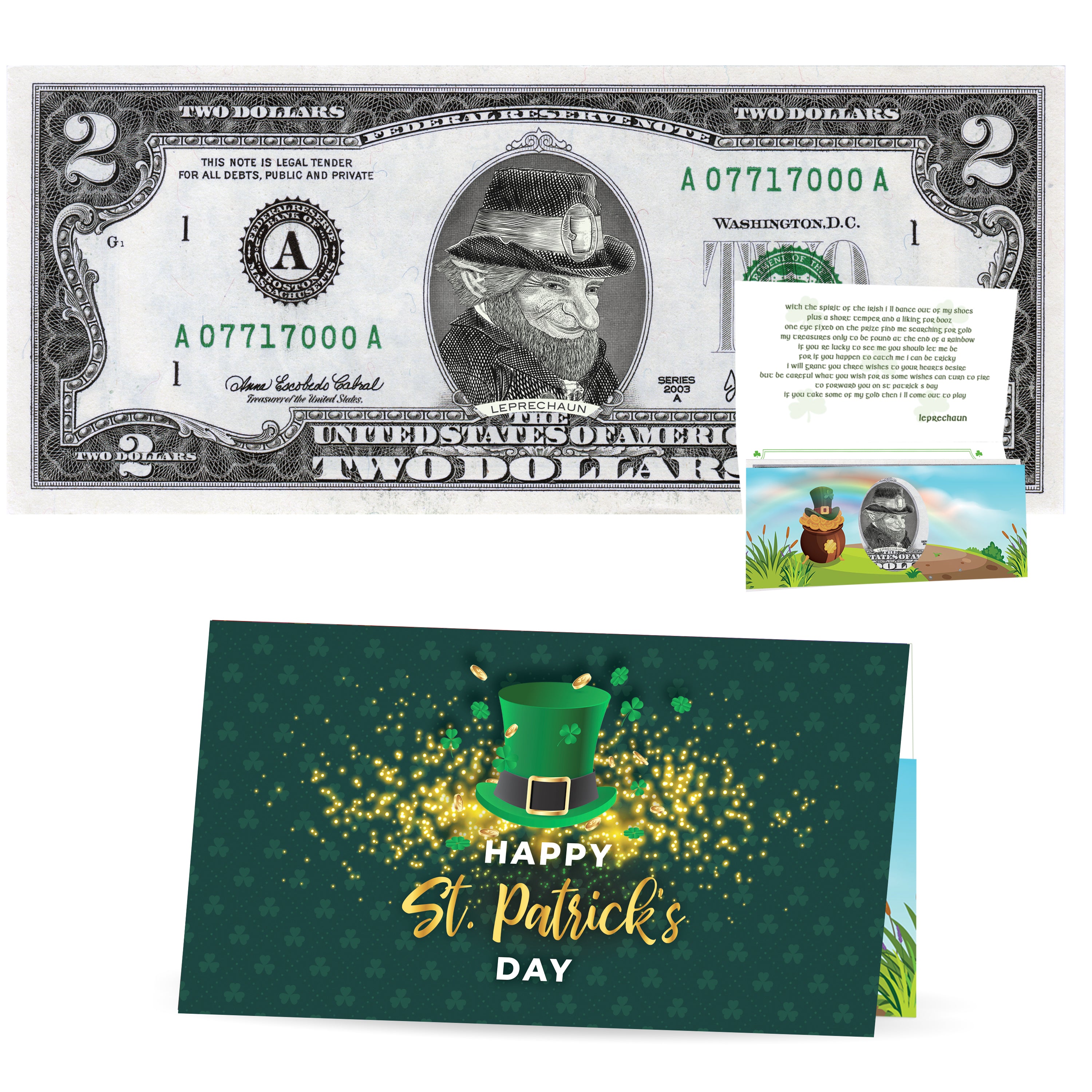 St Patrick's Day Dollar Bill. Genuine 2.0 USD! Comes with Lucky St. Patrick's Day Card and Note from the Leprechaun. Lucky Charm