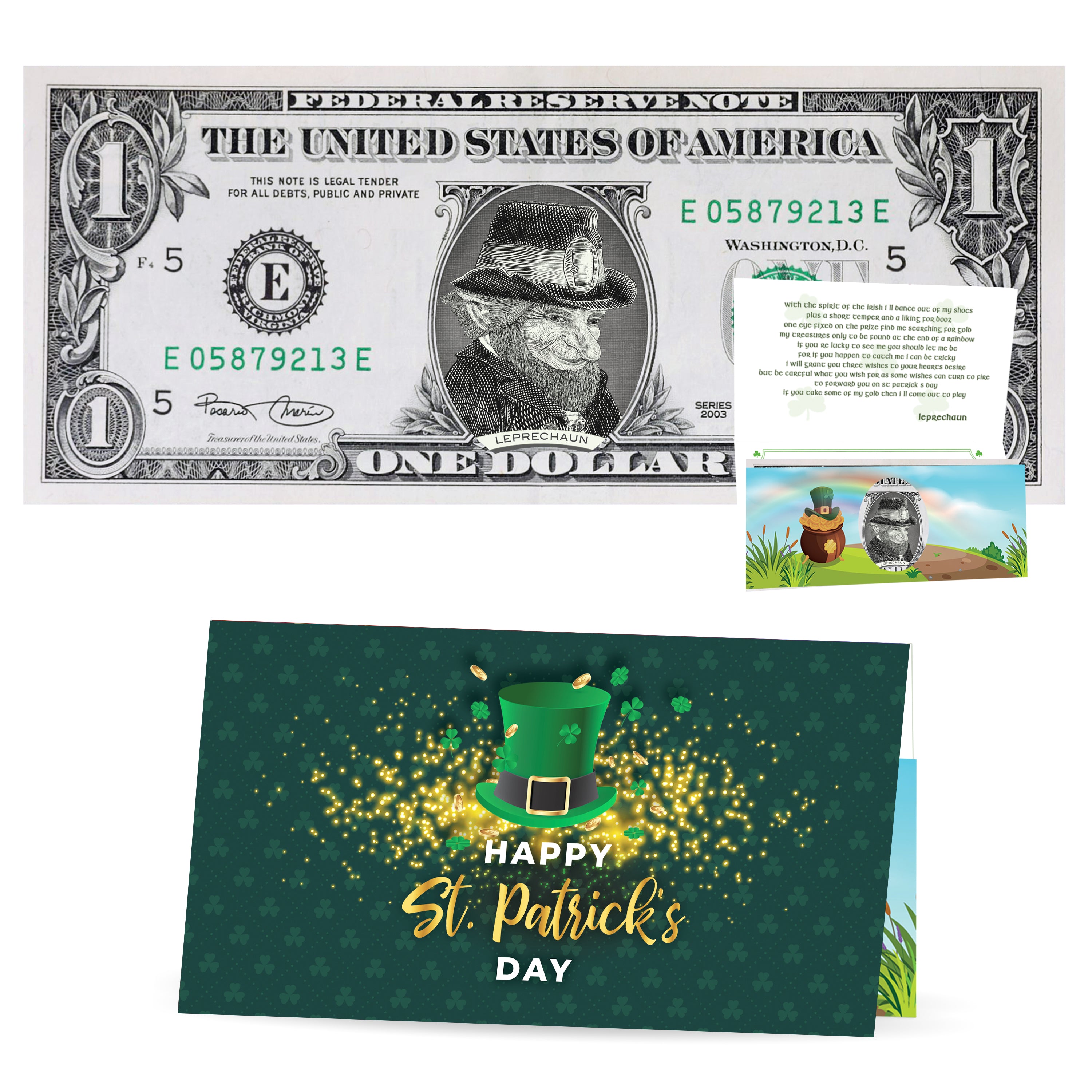 St Patrick's Day Dollar Bill. Genuine 1.0 USD! Comes with a Lucky St. Patrick's Day Card and Note from the Leprechaun.