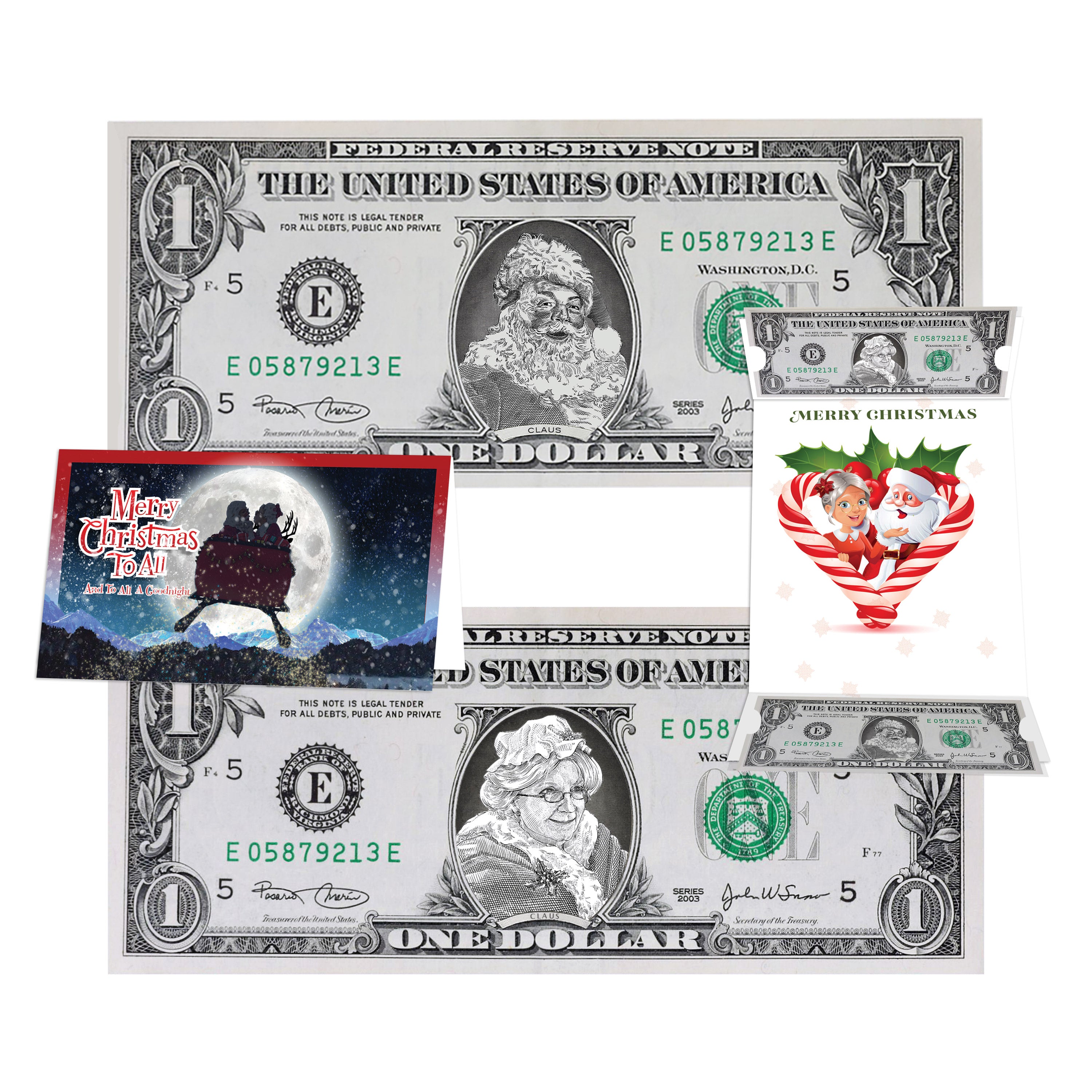 The Official Mrs and Mrs Claus Dollar Bill Combo Package. Real USD. Bankable and Spendable. perfect Holiday Stocking Stuffer.