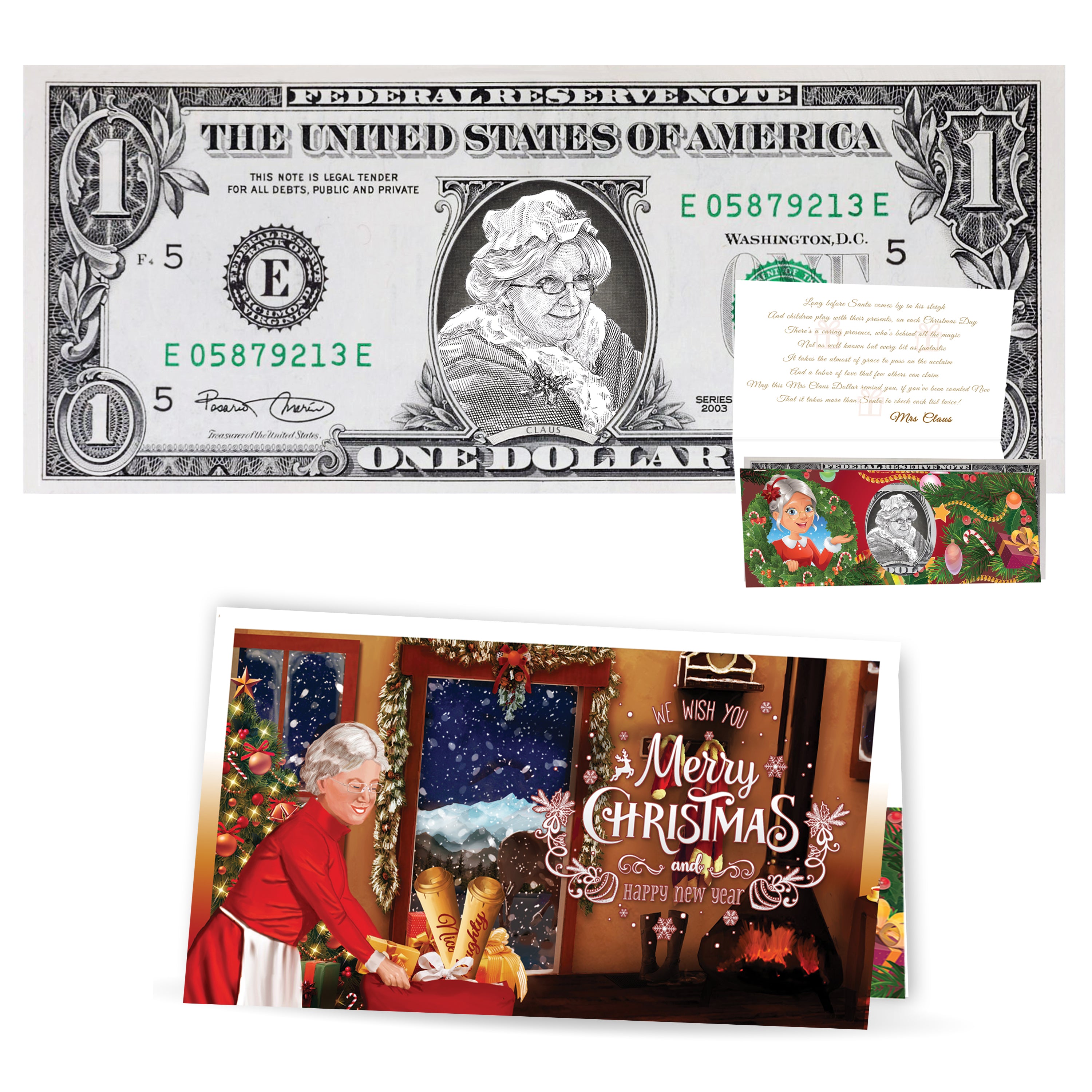 Mrs. Claus Dollar Bill Perfect Stocking Stuffer Complete Gift Christmas Gift Package with Holiday Greeting Card. Affordable Christmas Gift
