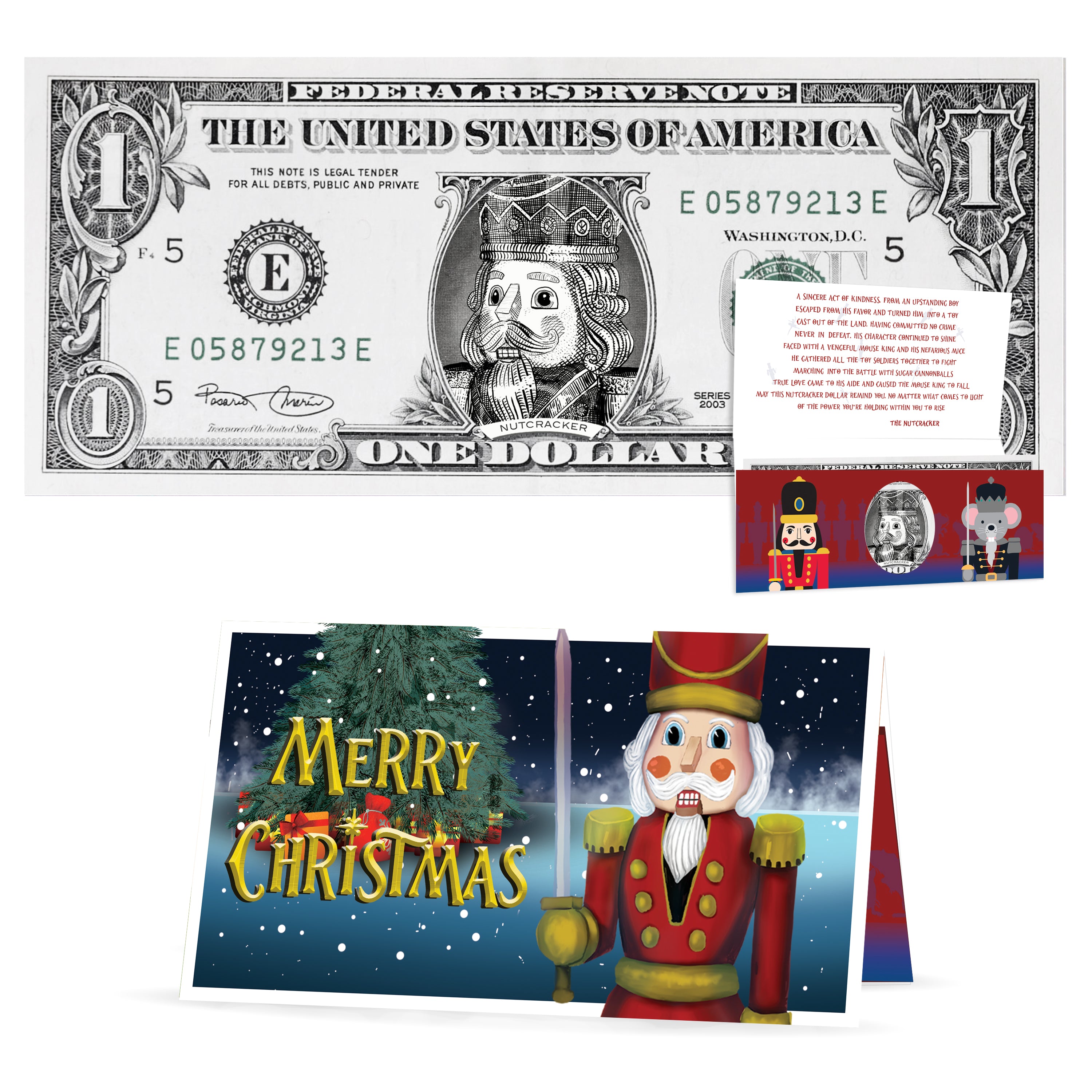 Nutcracker 1.0 USD Dollar Bill. Perfect Stocking Stuffer Complete Gift Christmas Gift Package with Holiday Greeting Card.