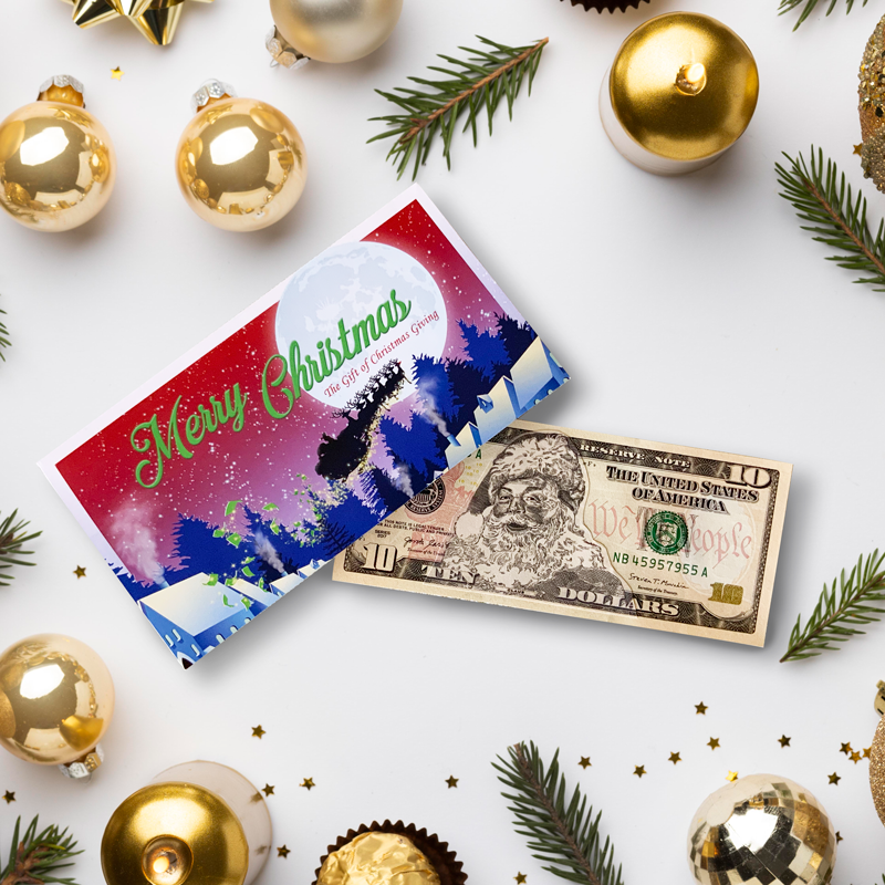 The Official Santa Claus 10.0 Dollar Bill. Real USD. Bankable and Spendable. Complete Santa Gift and Card