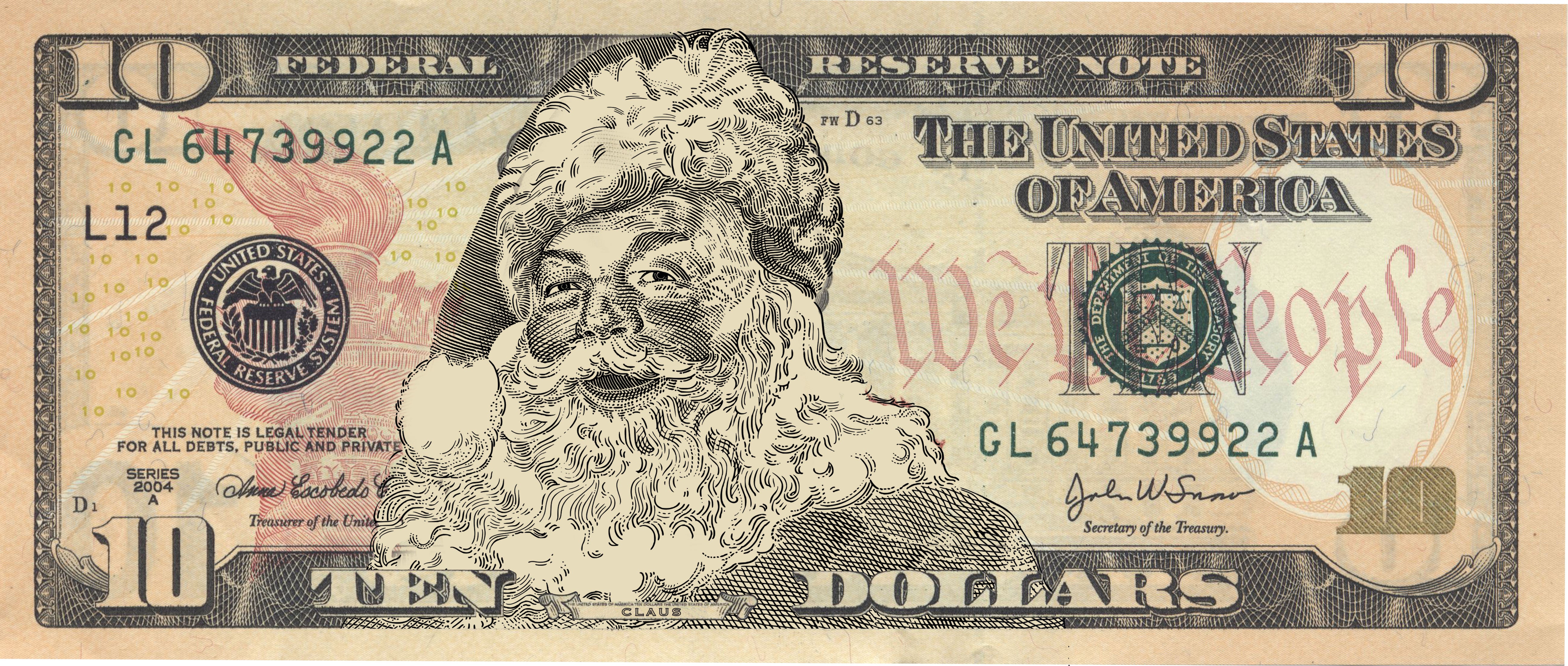 The Official Santa Claus 10.0 Dollar Bill. Real USD. Bankable and Spendable. Complete Santa Gift and Card