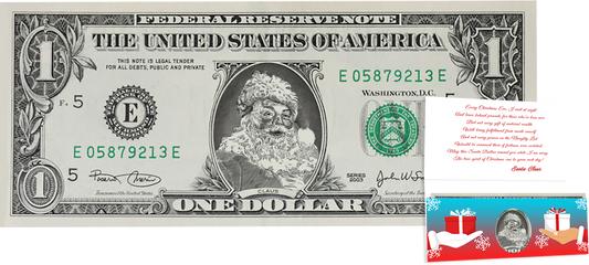 The Official Santa Claus Dollar Bill. Santa Dollar $1: Give the Gift of Christmas Giving. Real USD. Bankable and Spendable.