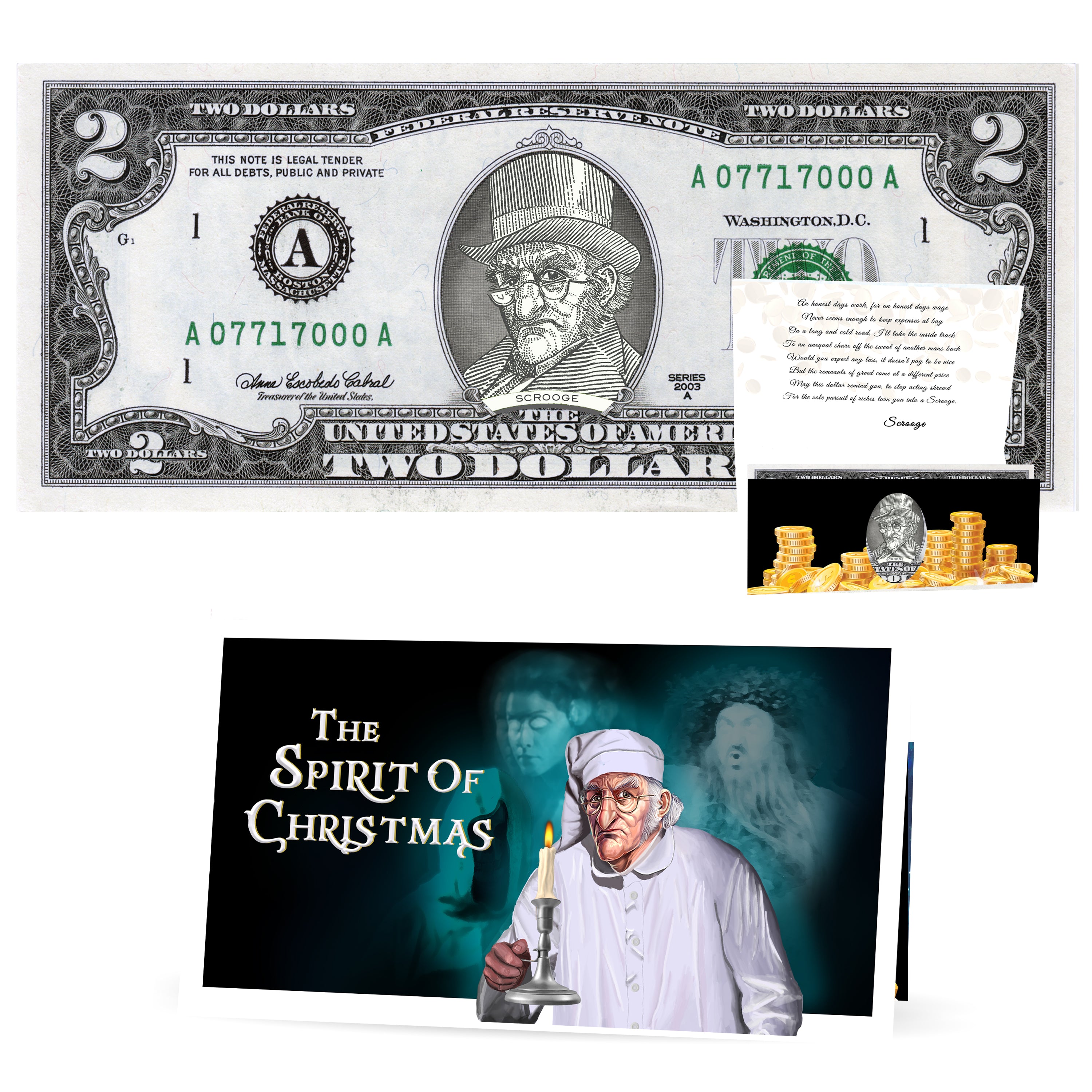 Scrooge 2.0 USD Dollar Bill Stocking Stuffer Complete Gift Christmas Gift Package with Holiday Greeting Card. Affordable Christmas Gift