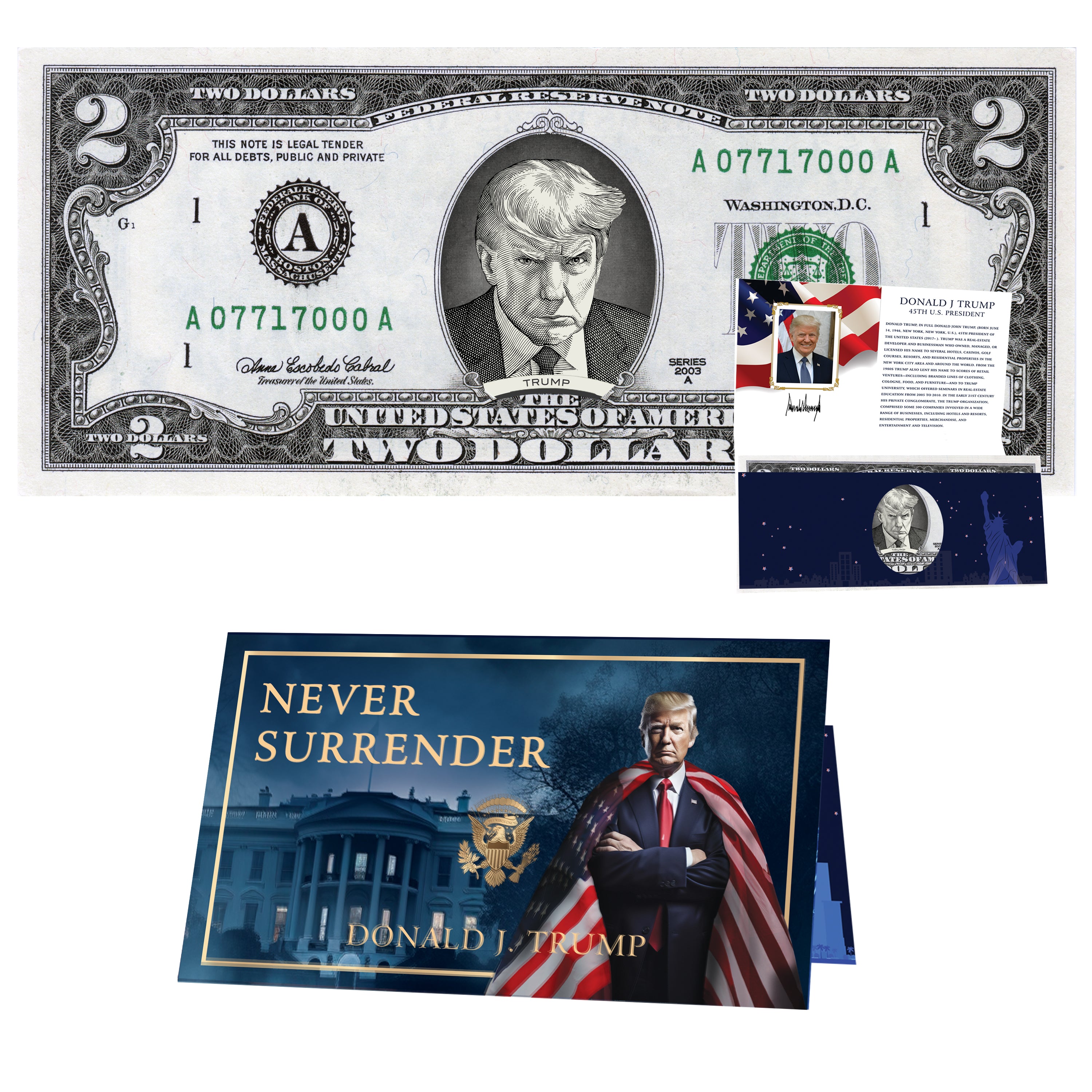 Donald Trump Official 2.0 Dollar Bill w/ Presidential Currency Card. Presidential Futures Collection - REAL USD!